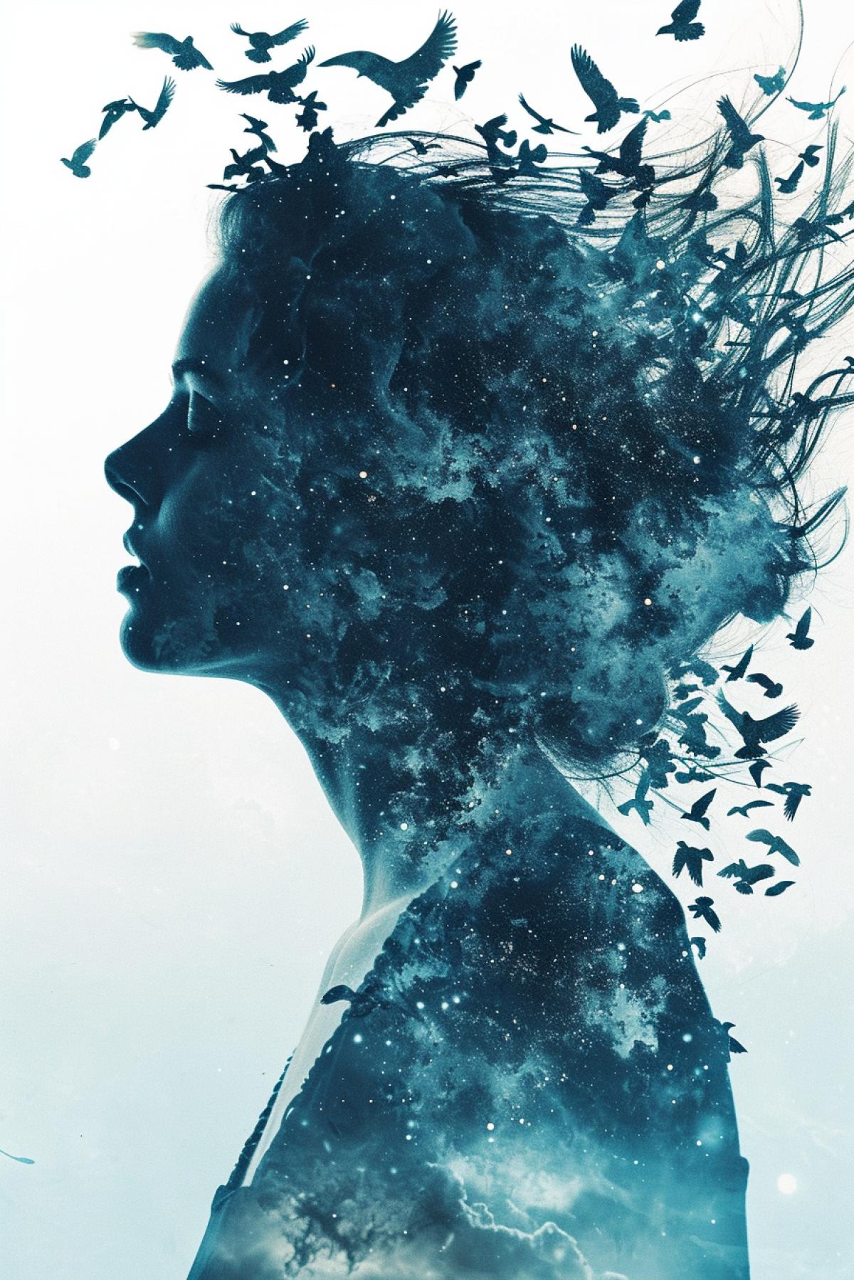 double exposure, Female profile with the night sky within it, hair transformed into a flock of flying birds