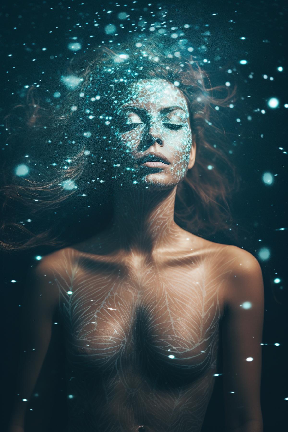 Create a surreal starry double exposure photo of a mermaid and milky-way galaxy, background minimalistic and dark
