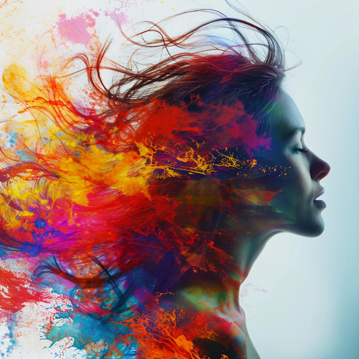 double exposure, Beautiful woman in profile, hair transformed into a photo of a waterfall of colors, flying splashes, bright colors, emotional com4k