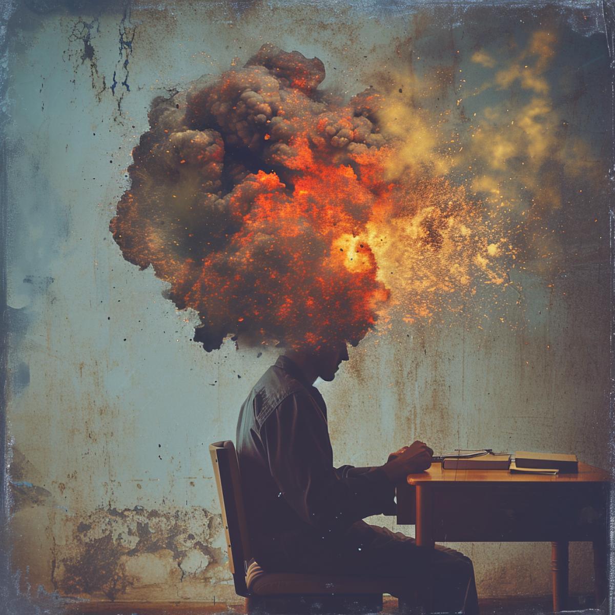 double exposure, A picture of a man sitting tensely at a desk, a nuclear explosion inside his head, rich colors