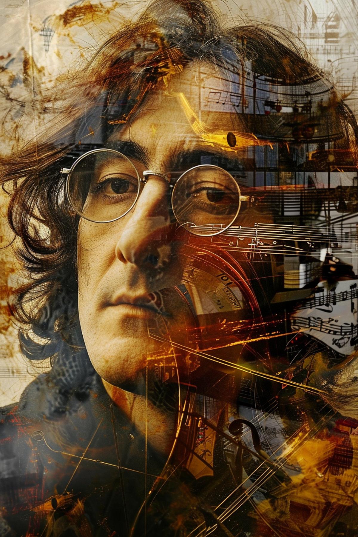 Double exposure John Lennon long fat hair round glasses with rather schematic images of dozens bizarre fantastic musical instruments in style of Maurits Escher\"s plane filling having no borders in between so that each image merges with all neighbouring use yellowish and bright-white colours only