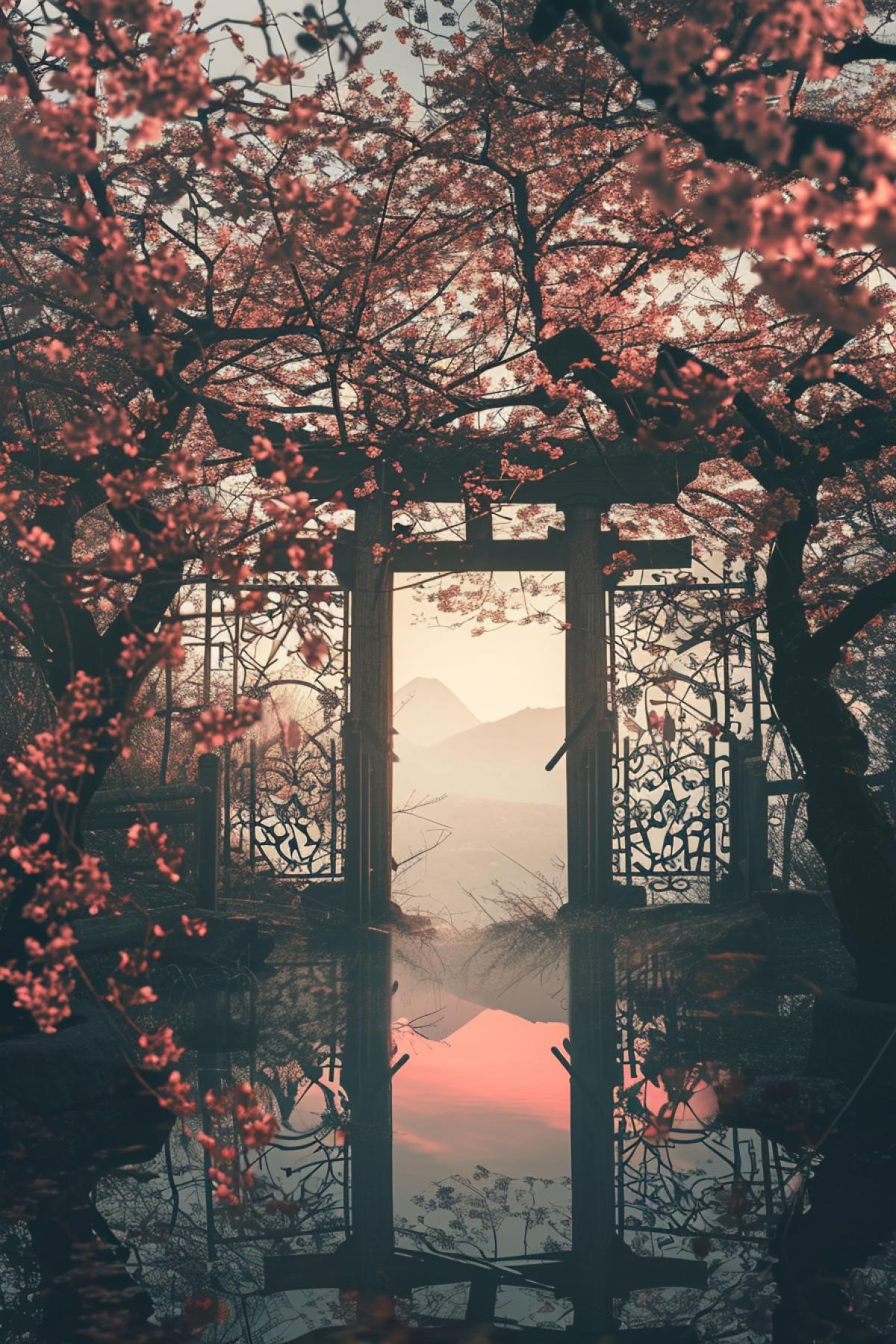 Double exposure of Japanese sunrise view on distant misty Fuji plenty of sakura in blossom with silhouette of medieval darksmith metal decorated gates symmetrical com4k