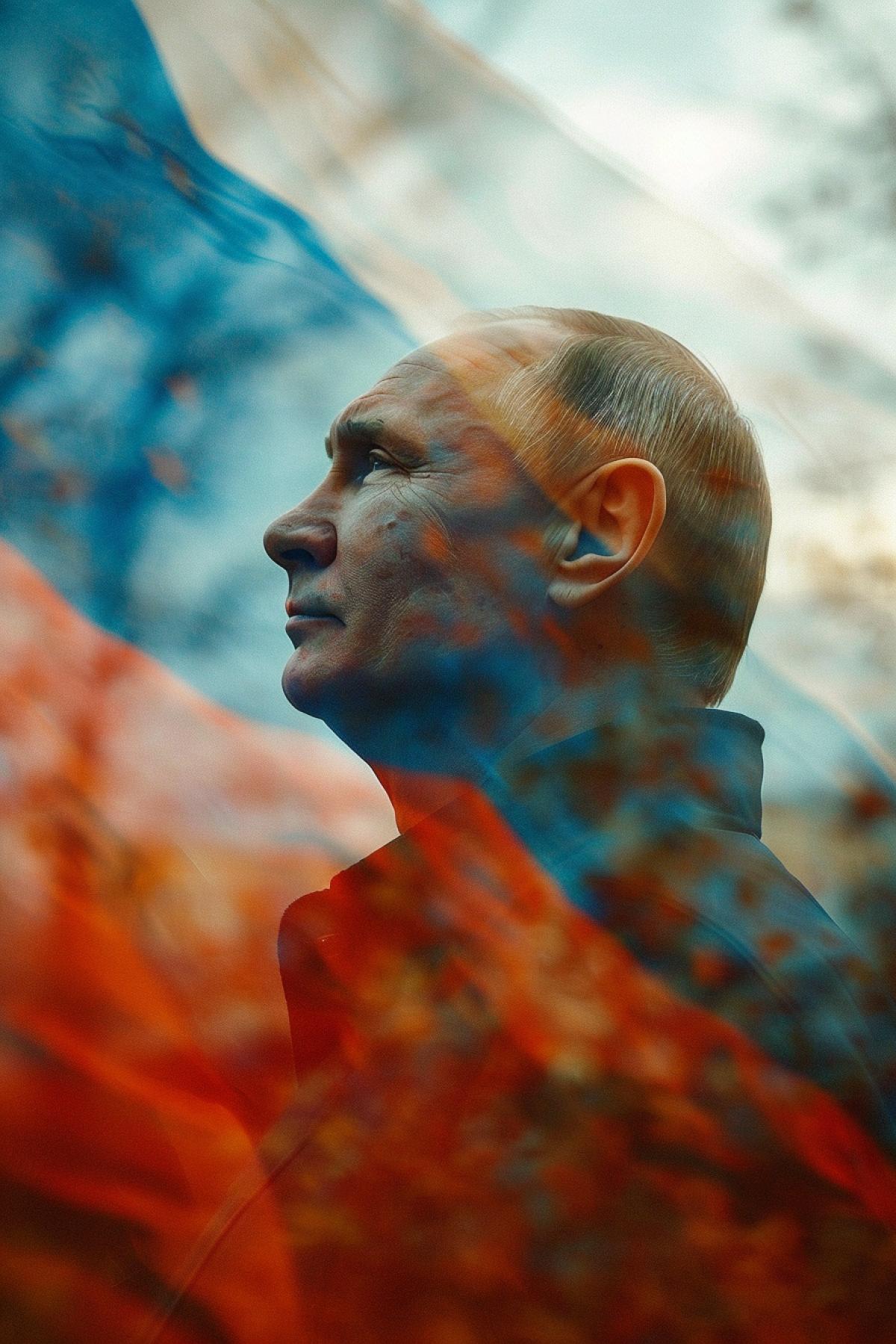 Double exposure, Putin against the background of the Russian flag, atmosphere of joy, utopia of happiness, warm colors