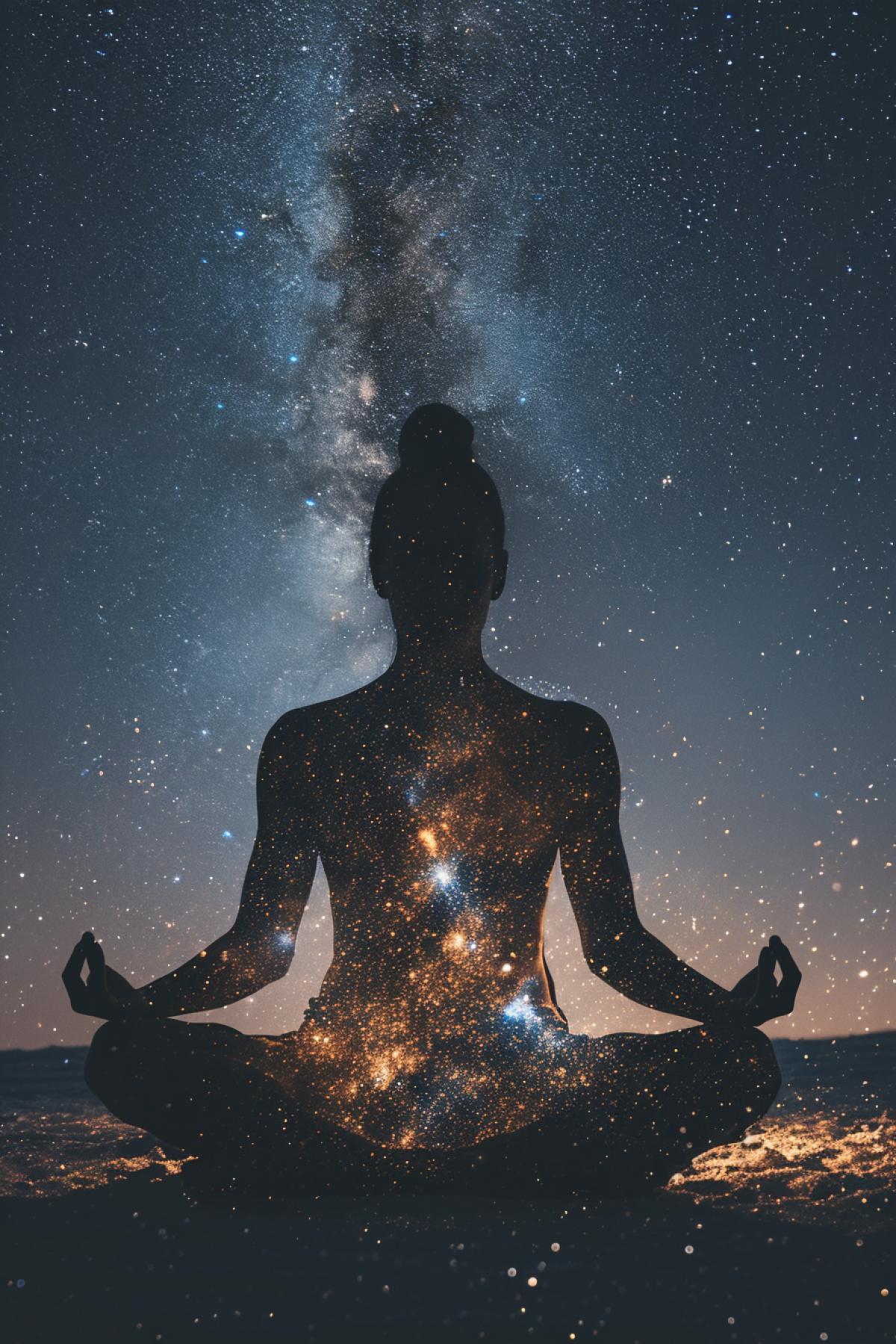 double exposure, Silhouette of a yogi meditating in lotus 4k with the milky way inside him, stars pouring out of his head