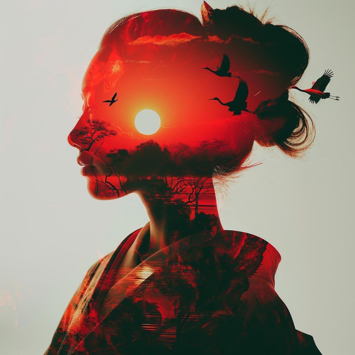 double exposure, Profile of a geisha with a red sunset inside her, cranes flying out of her hair.