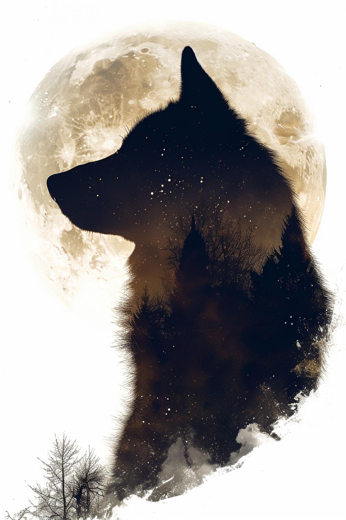 double exposure, A silhouette of a puppy with a wolf howling at the moon inside it