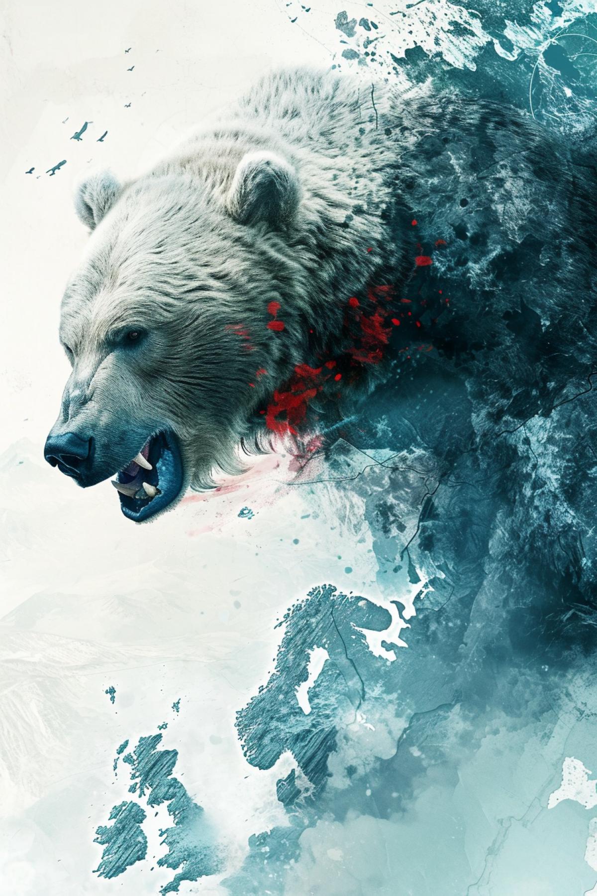 Double exposure of bear red-blue-white collar fighting monster beyond with schematic stylised map of today\"s Europe
