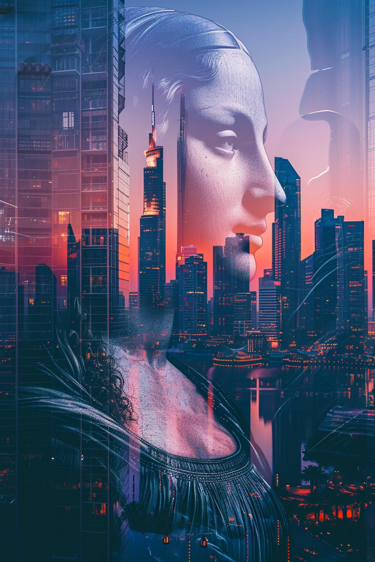 Double exposure of Leonardo\"s Gioconda with fantastic futuristical urban cityscape skyscrapers twilight illumination vibrant colours