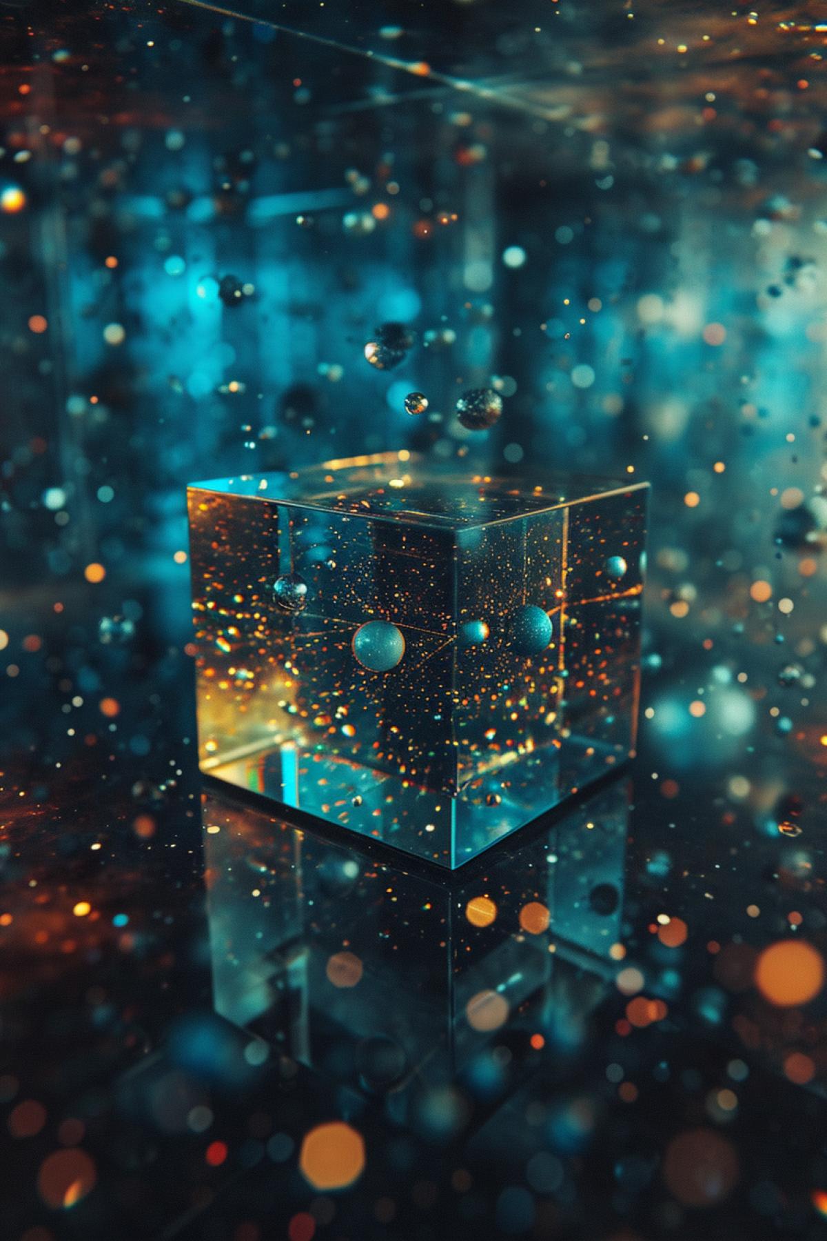 Double exposure, cube, ball, space