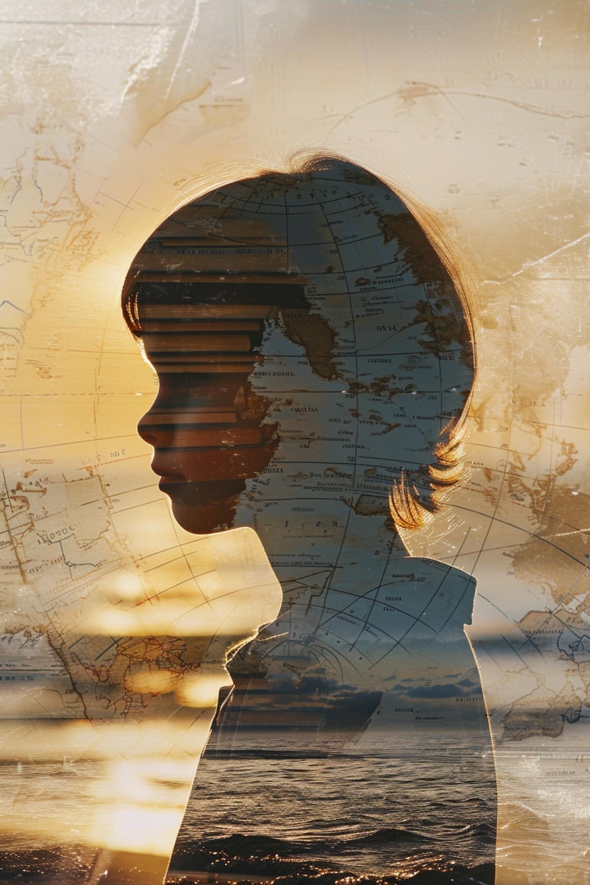 Double exposure: a child’s face in profile, inside school attributes (books, notebooks, globe, maps), in the background a sandy beach and a sunset at sea, full quality
