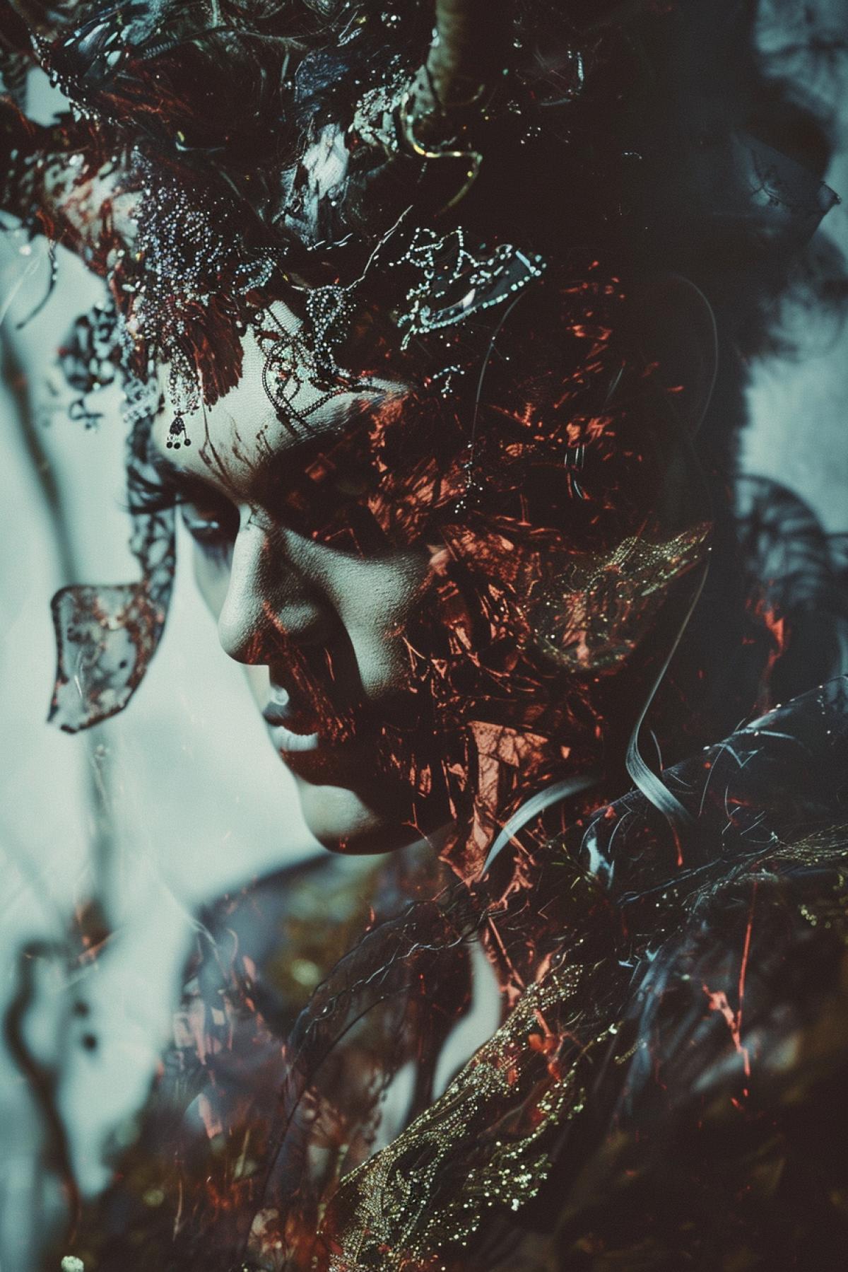 A photorealistic double exposure image is desired. The first layer consists of a charismatic Gothic male figure, exuding an attractive aura, with typical Gothic fashion elements like dark clothing, detailed accessories, and make-up. The second layer is a devil figure overlaid, creating a thought-provoking juxta4k of human personality and mythical imagery.