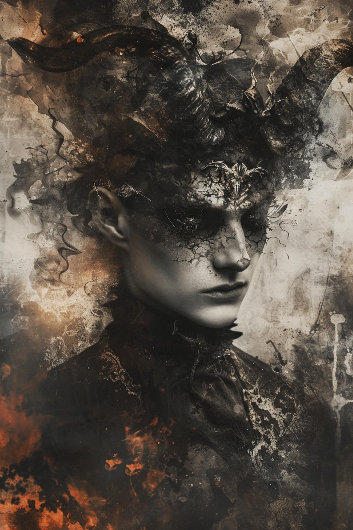 Double exposure to luxury beautiful goth man with devil , photorealistic art
