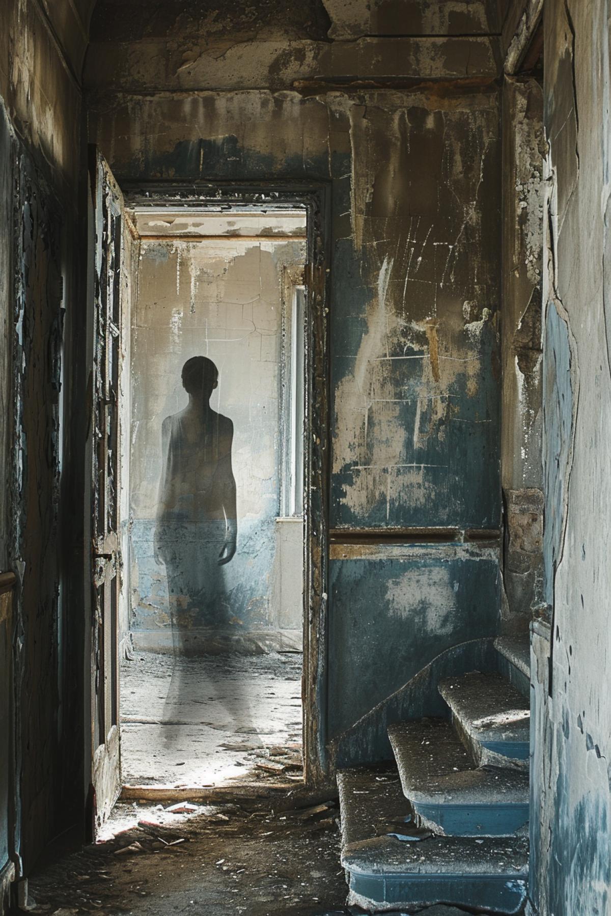 A photorealistic portrayal of the double exposure technique. A spectral figure of a girl lingers in the ruins of an abandoned psychiatric hospital, bringing with it an air of the macabre and eerie. The image is steeped in the gothic aesthetic, evoking a chilling sense of horror and lingering dread.