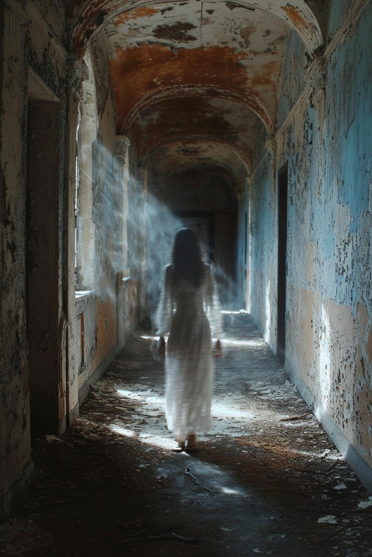 A photorealistic portrayal of the double exposure technique. A spectral white shadow figure of a girl lingers in the ruins of an abandoned psychiatric hospital, bringing with it an air of the macabre and eerie. The image is steeped in the gothic aesthetic, evoking a chilling sense of horror and lingering dread.