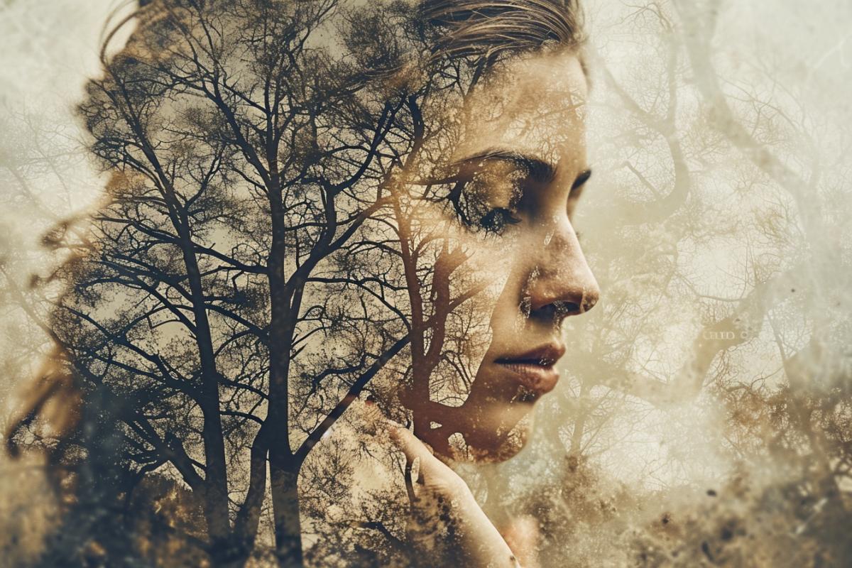 Create a surreal double exposure photo of a pin and up girl and the wood, retro comic style