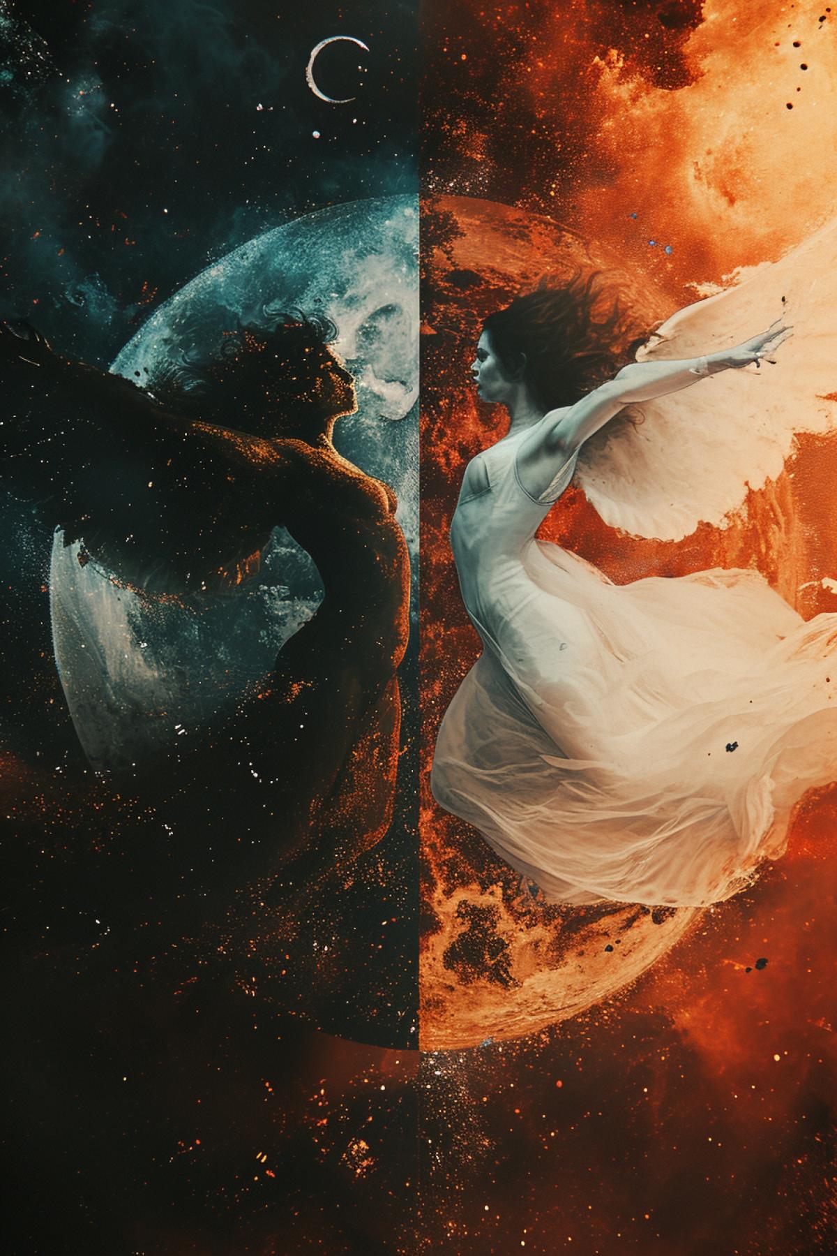 Angel and demon fight double exposure galaxy space minimalism 8k yin yang