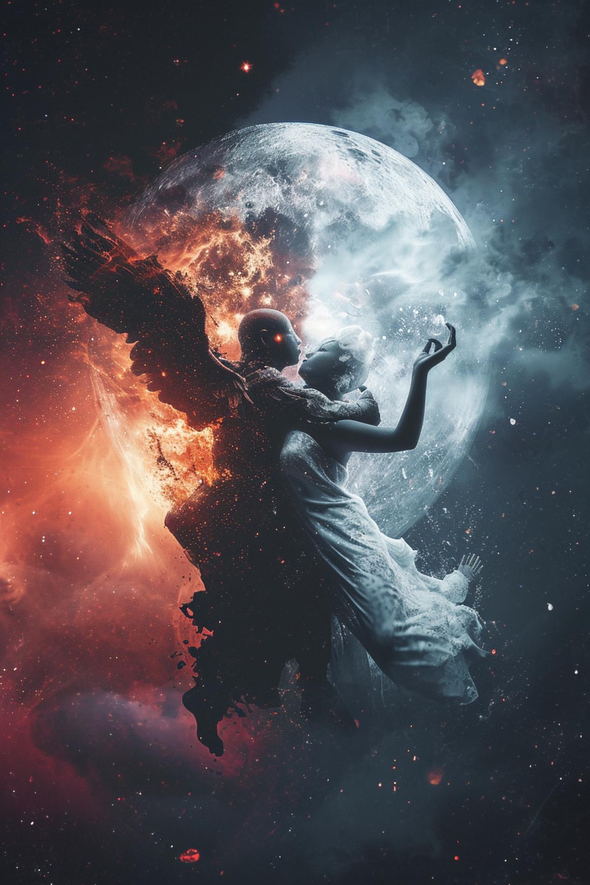 Angel and demon fight double exposure galaxy space minimalism 8k yin yang