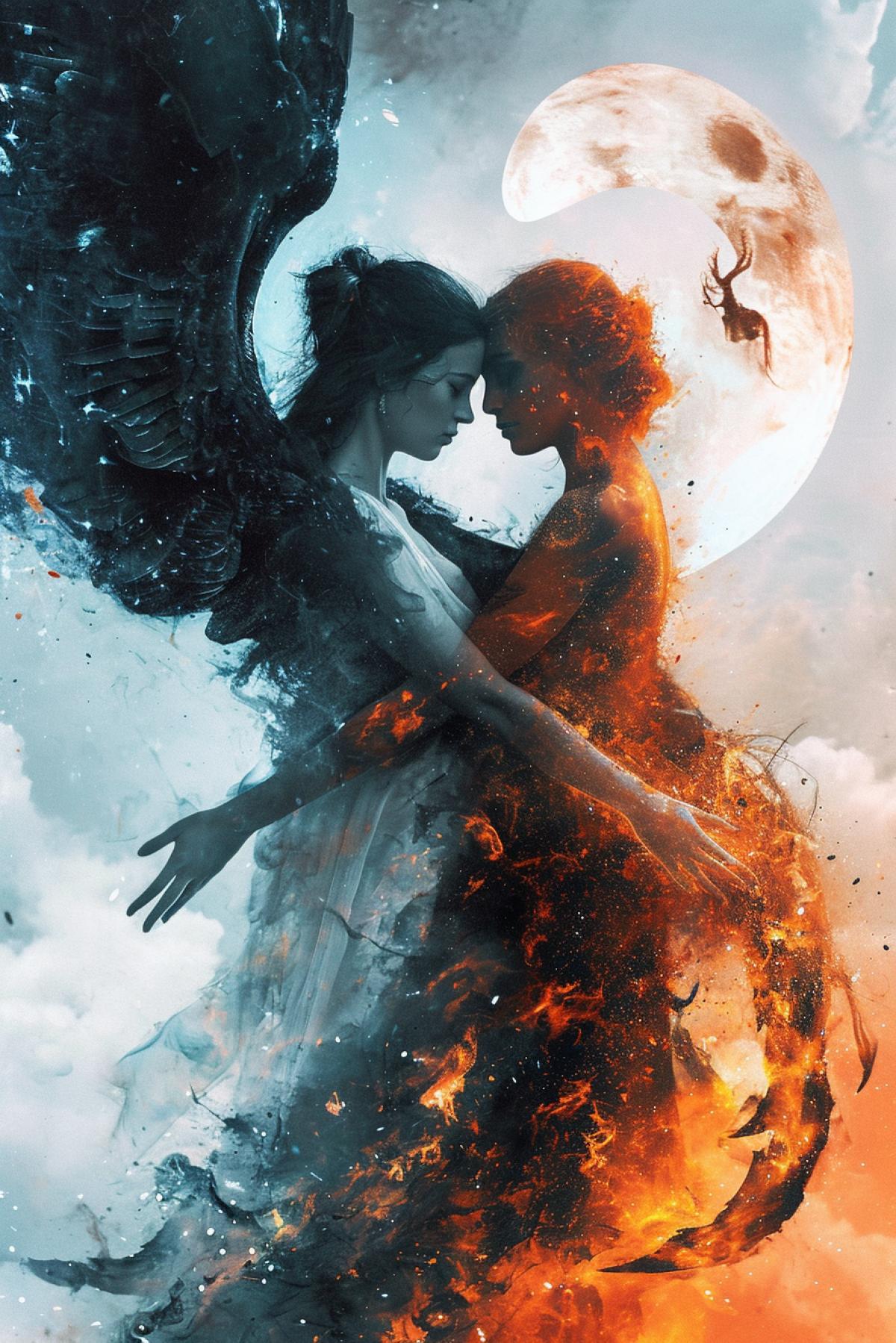 Angel and demon fight double exposure galaxy space minimalism 8k yin yang