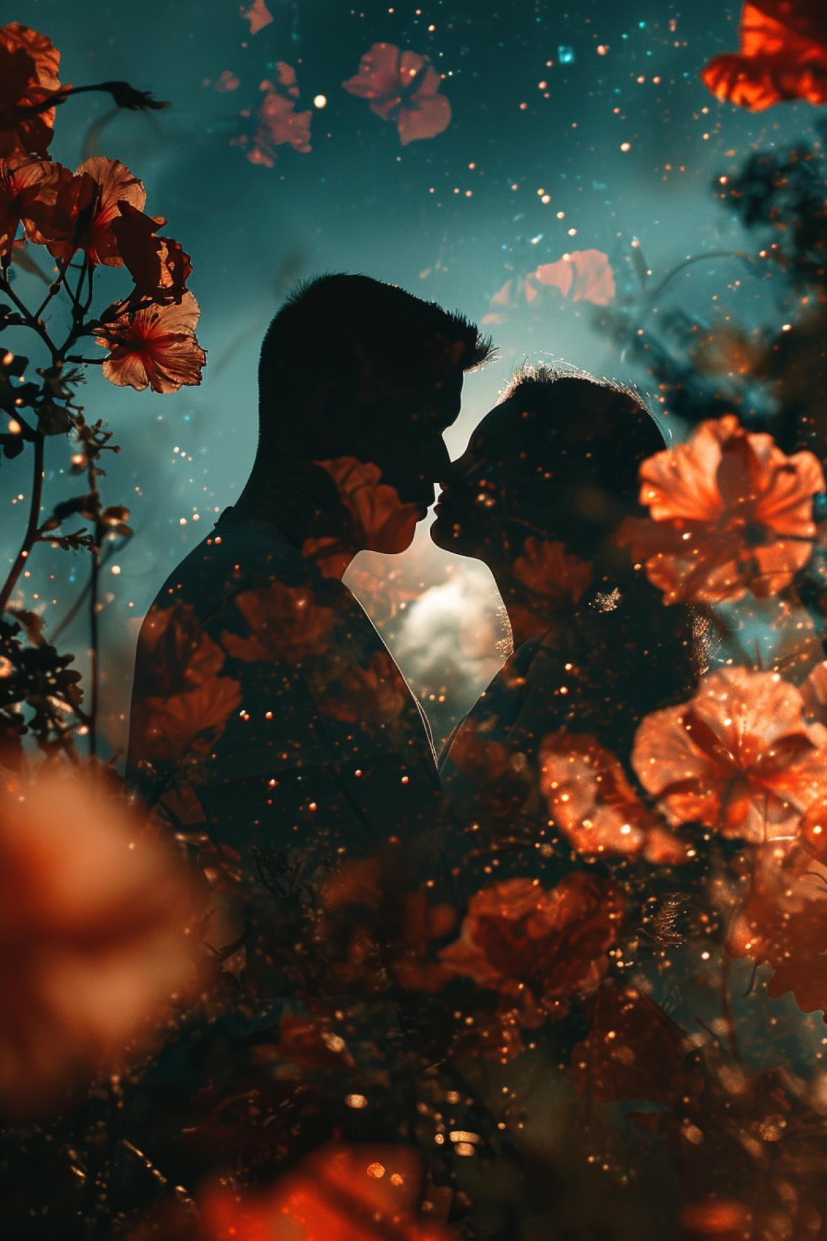 Double exposure Kissing hugging couple under dark starry skies with giant red flowers