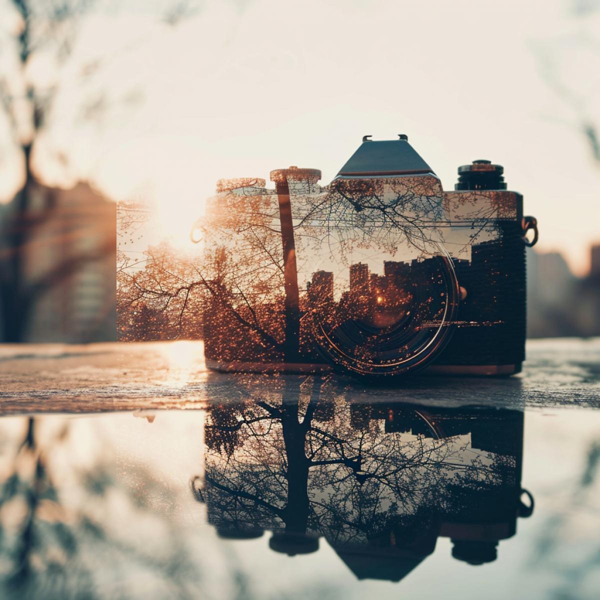 double exposure Vintage camera and an urban landscape
