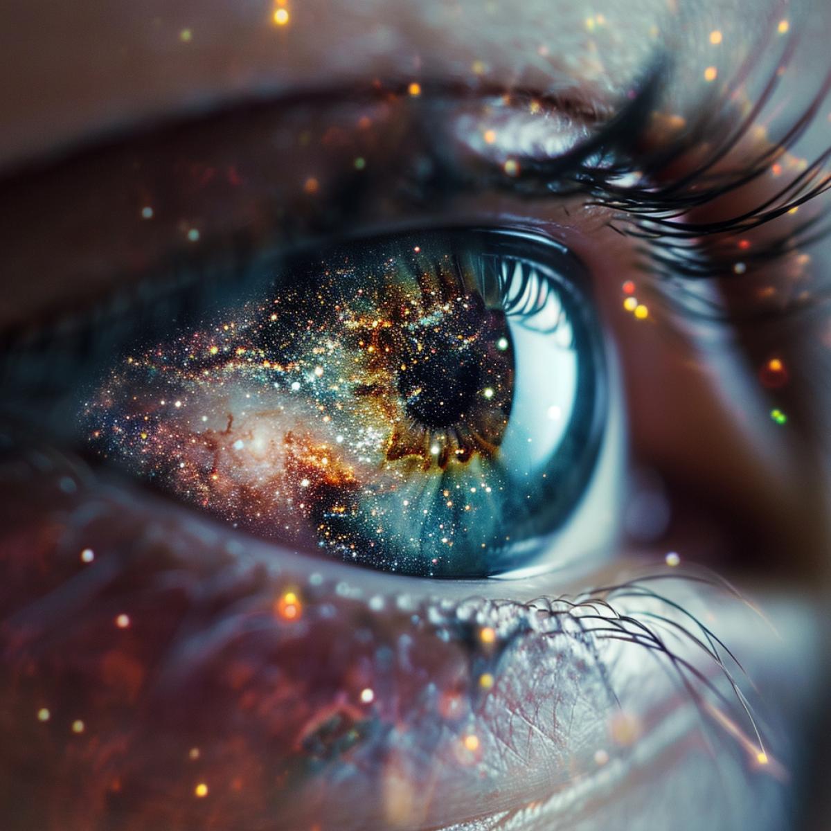 double exposure human eye and a galaxy
