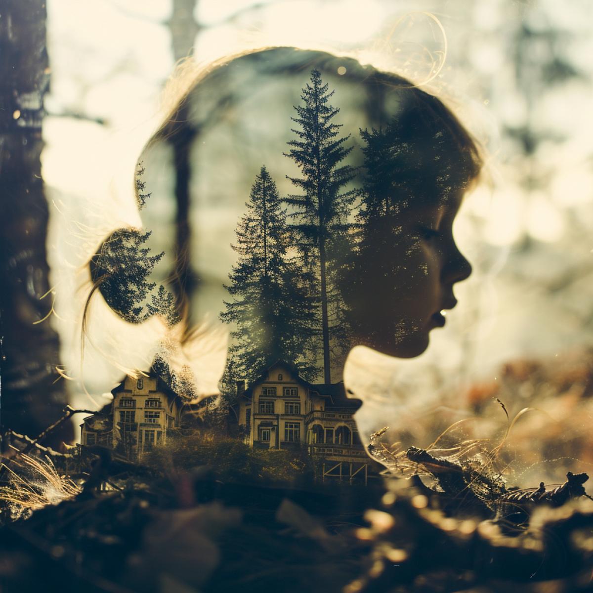 double exposure childhood toy and a magical forest.