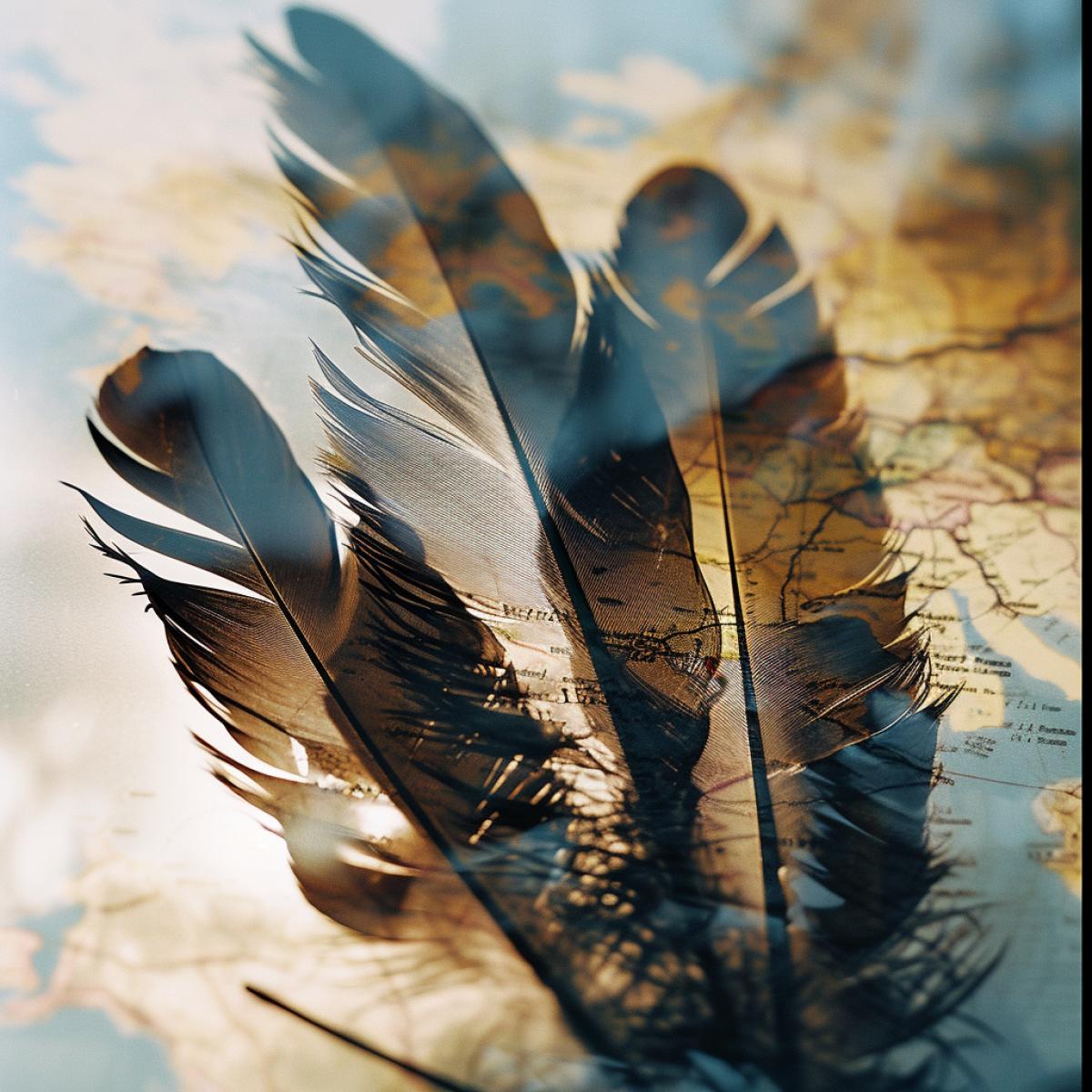 double exposure bird feathers and a world map.