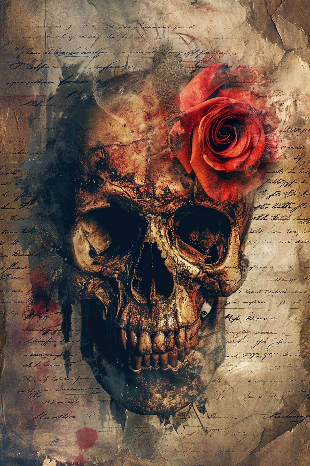 Create a photorealistic image in an atmospheric, dramatic and aesthetic manner. The scene should consist of a double exposure effect featuring an ancient, weathered letter styled in gothic calligraphy. Blend it with the image of a skull, adding an element of eeriness. Overlay this with a detailed, fiery rose to add a stark contrast to the grim nature of the skull. All elements combined should exude a profound gothic ambiance.