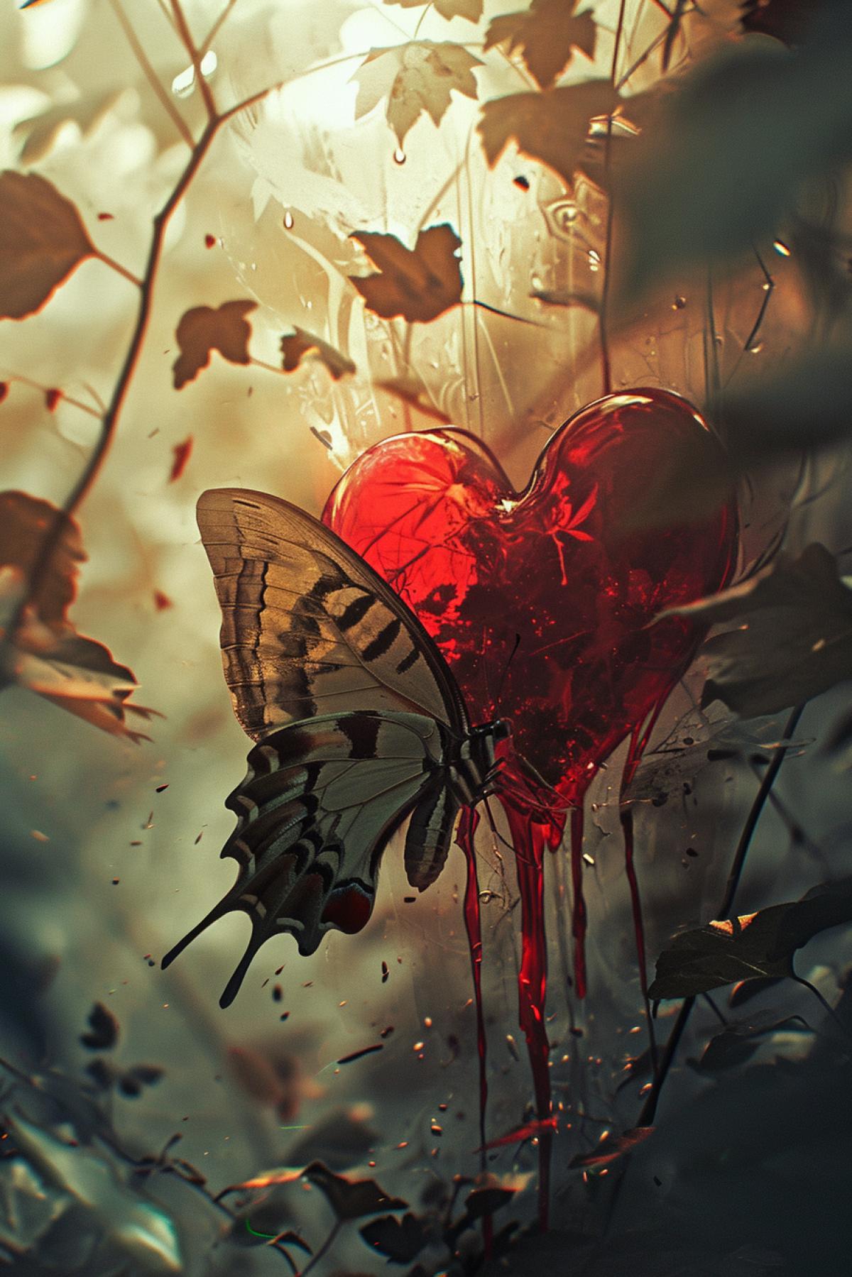 Create an atmospheric and photorealistic image in a double exposure style. The first layer should depict a detailed butterfly, fluttering among poison ivy leaves. The second layer should encapsulate the essence of the gothic aesthetic with a human heart. Incorporate an added aesthetic element, which should manifest in the form of red liquid trickling down the heart. Despite the contrasting themes, the image should form a harmonious and evocative com4k.