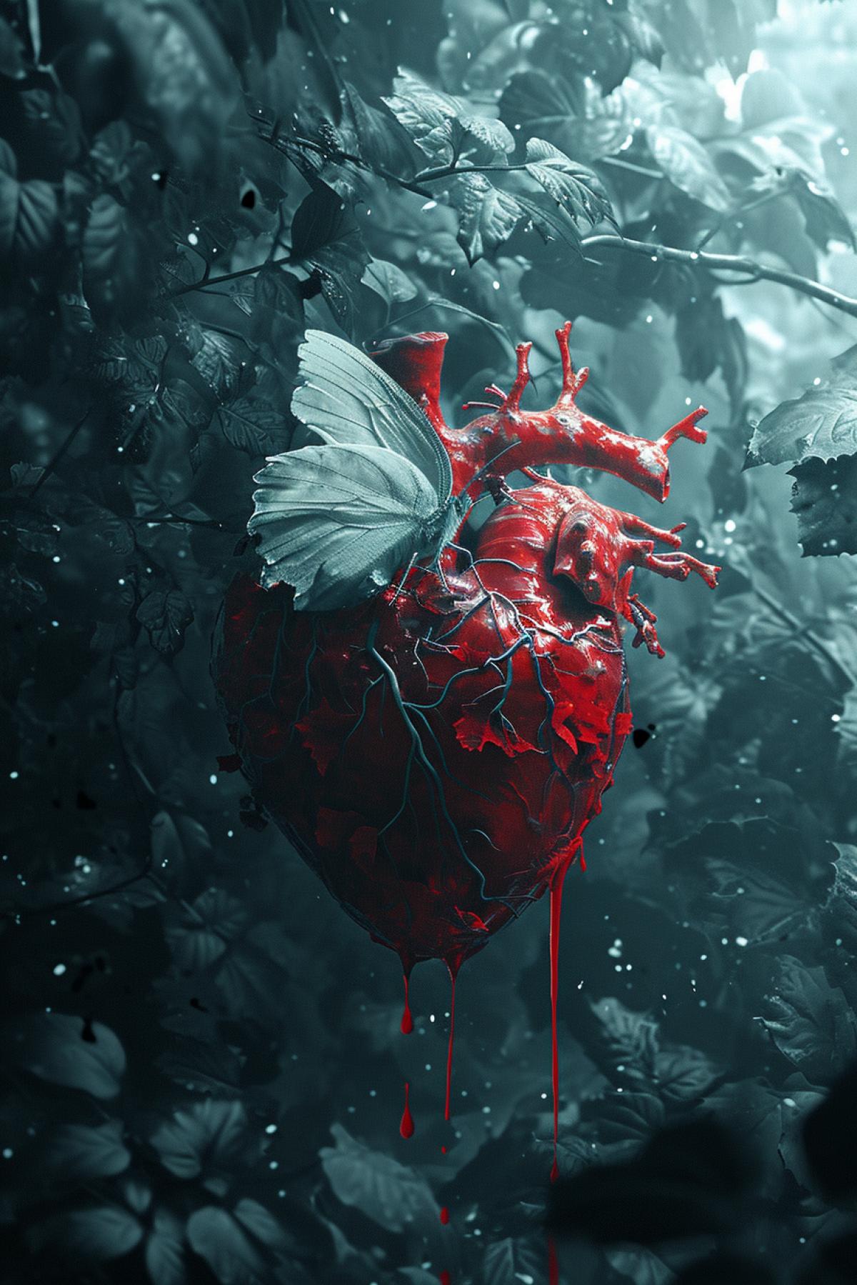 Create an atmospheric and photorealistic image in a double exposure style. The first layer should depict a detailed butterfly, fluttering among poison ivy leaves. The second layer should encapsulate the essence of the gothic aesthetic with a human heart. Incorporate an added aesthetic element, which should manifest in the form of red liquid trickling down the heart. Despite the contrasting themes, the image should form a harmonious and evocative com4k.