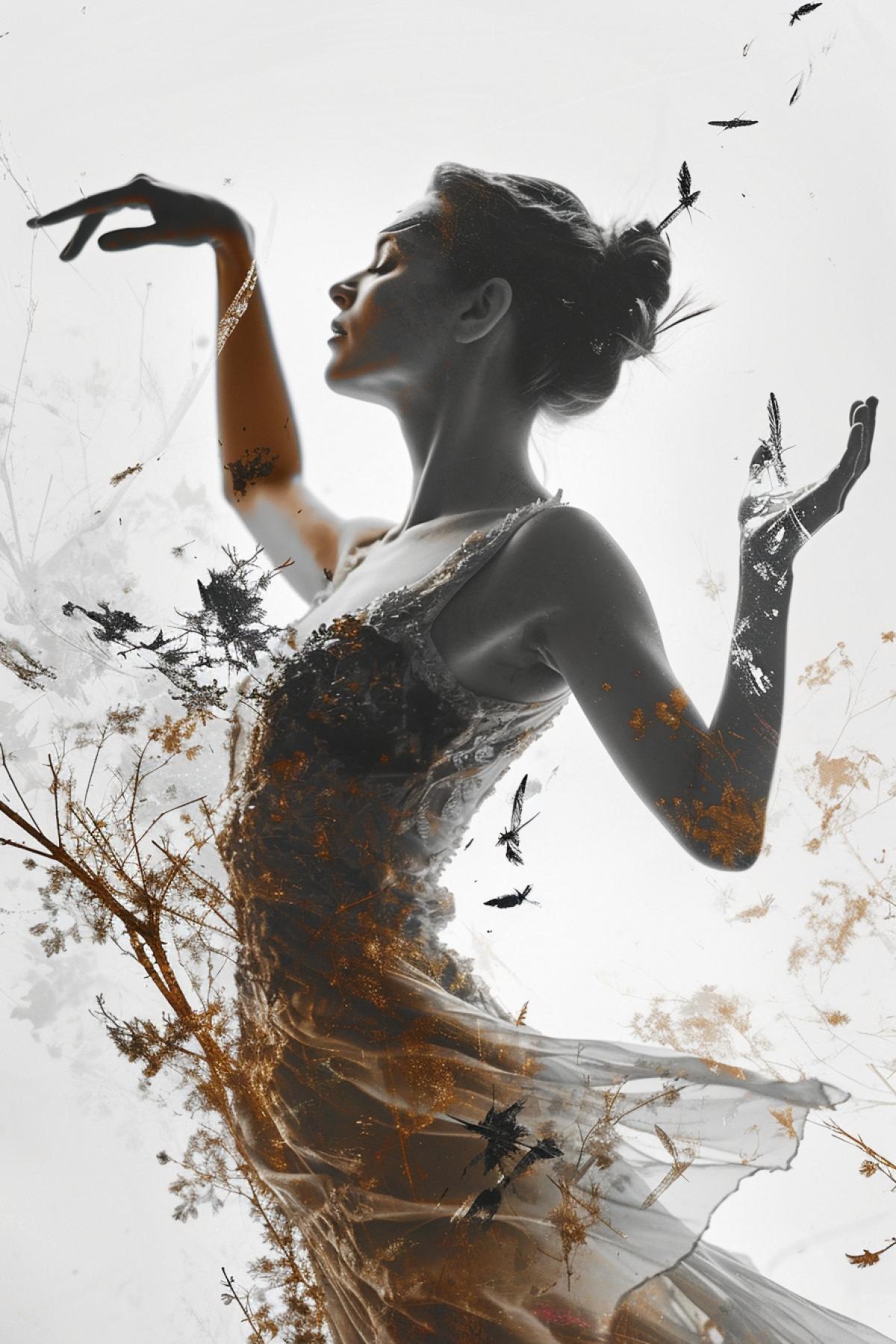 Generate a photorealistic and atmospheric double exposure image. It should have a dramatic and dynamic feel. The first layer should be an elegant Hispanic ballerina in a graceful 4k. The second layer should comprise of detailed images of feathers, thorn branches, and roses. The juxta4k of these images should create an intriguing and visually stunning contrast.