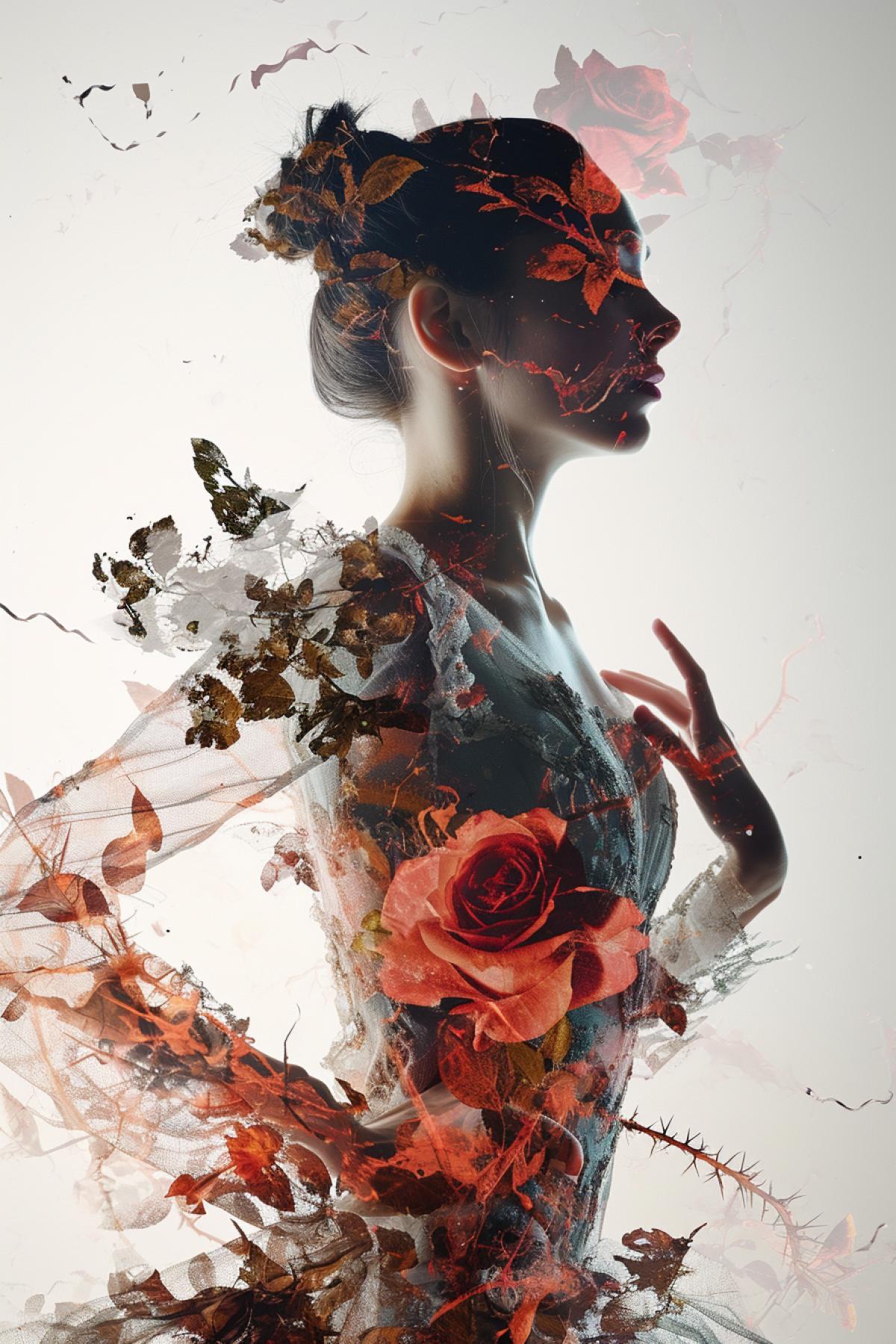 Generate a photorealistic and atmospheric double exposure image. It should have a dramatic and dynamic feel. The first layer should be an elegant Hispanic ballerina in a graceful 4k. The second layer should comprise of detailed images of feathers, thorn branches, and roses. The juxta4k of these images should create an intriguing and visually stunning contrast.