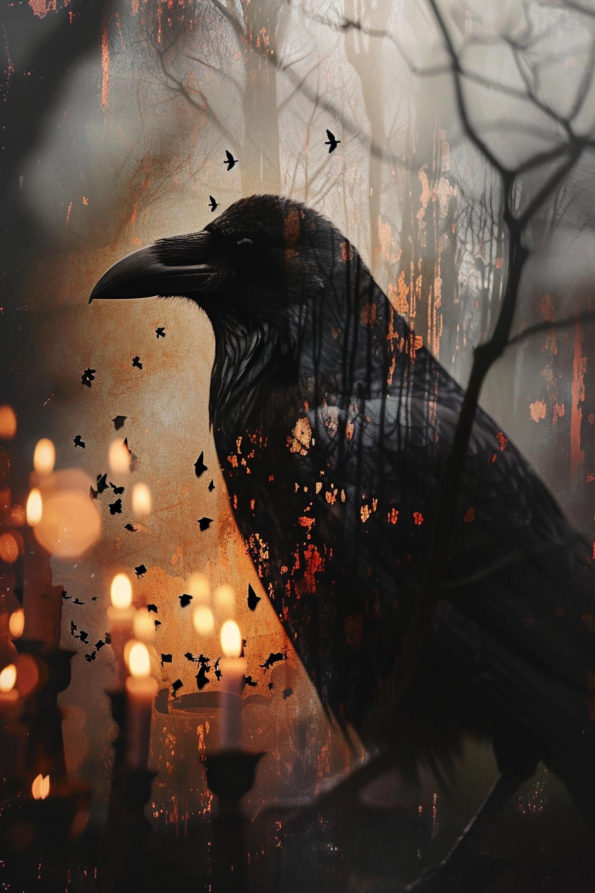 Generate a double exposure image that combines a raven and a dark cat. This intriguing image should embody a gothic aesthetic with an autumn setting. There should be numerous candles glowing dimly, their light casting atmospheric shadows. Please maintain a photorealistic style, ensuring the details are intricately visible and the overall effect is both aesthetically pleasing and evocative.