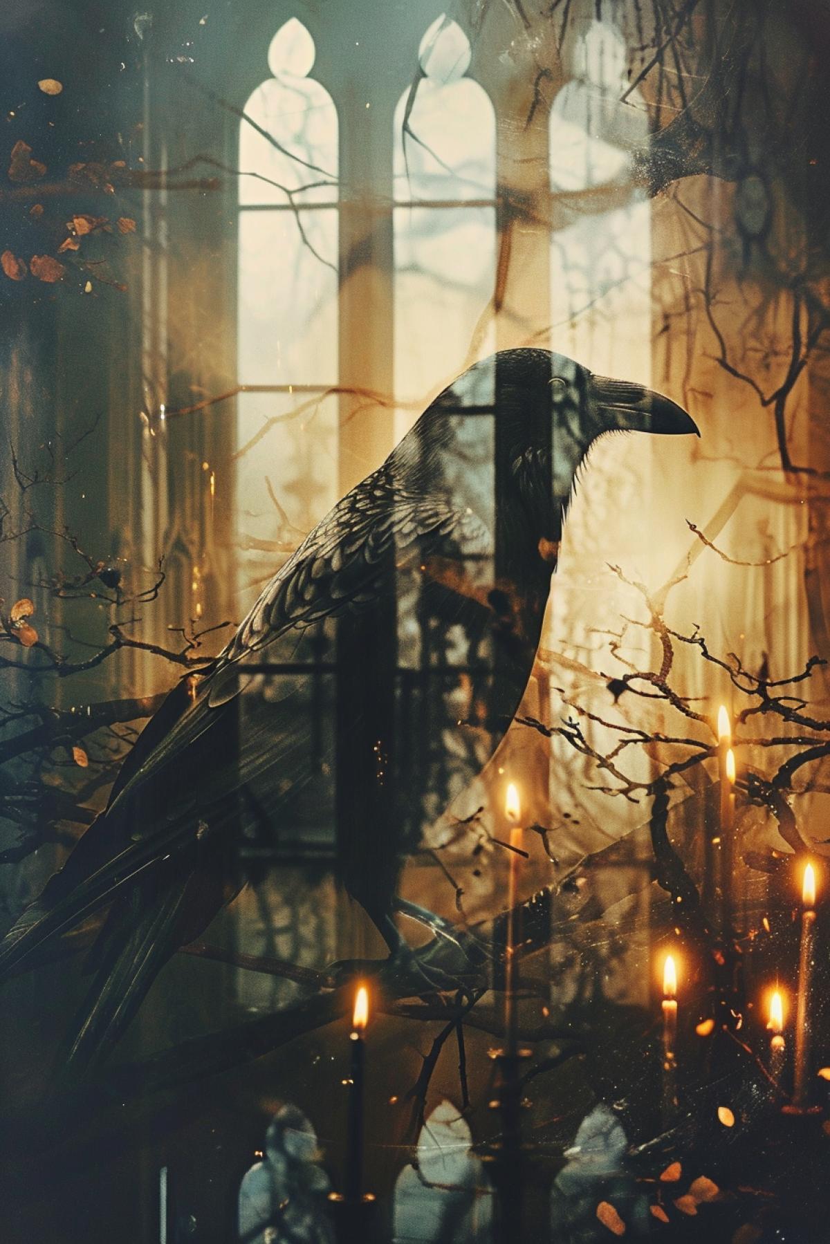Generate a double exposure image that combines a raven and a dark cat. This intriguing image should embody a gothic aesthetic with an autumn setting. There should be numerous candles glowing dimly, their light casting atmospheric shadows. Please maintain a photorealistic style, ensuring the details are intricately visible and the overall effect is both aesthetically pleasing and evocative.