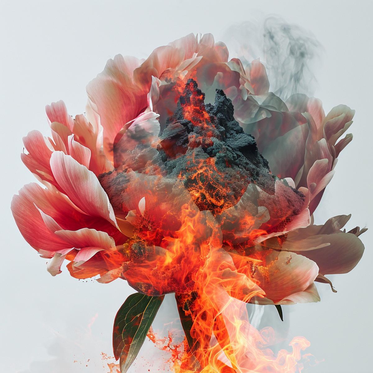 double exposure of a peony and volcano explosion, white background
