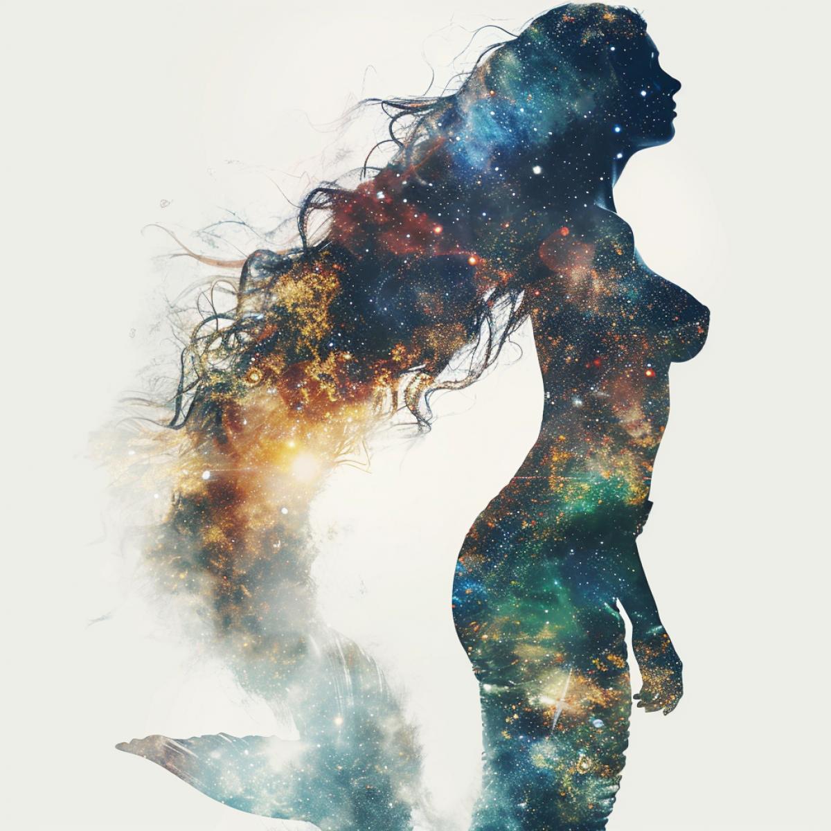 double exposure of a mermaid full-length silhouette and multiple galaxies