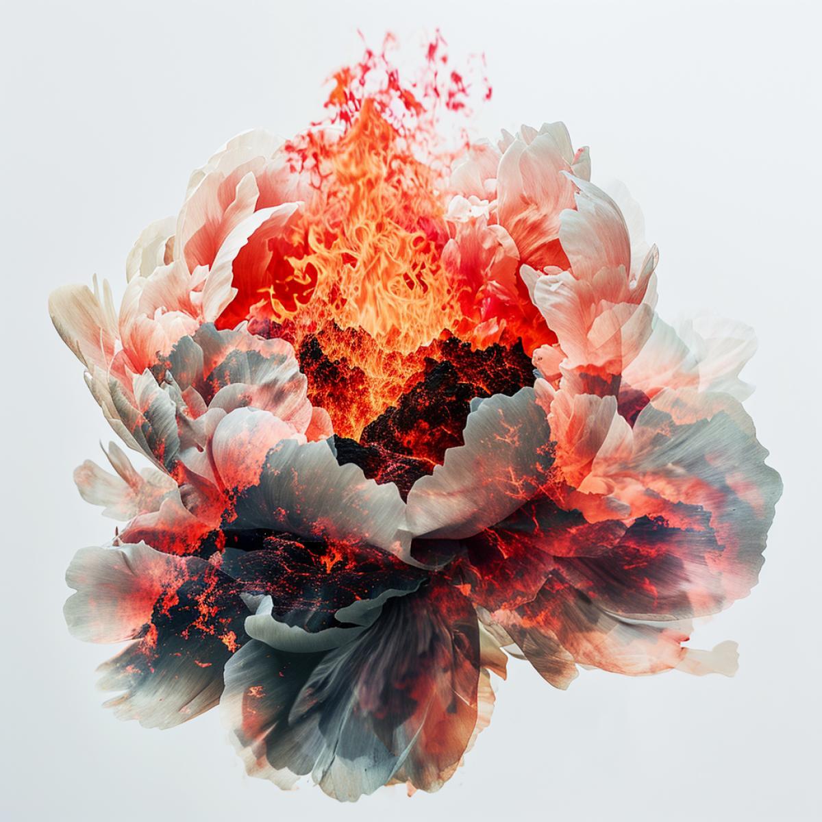 double exposure of a peony and volcano explosion, white background