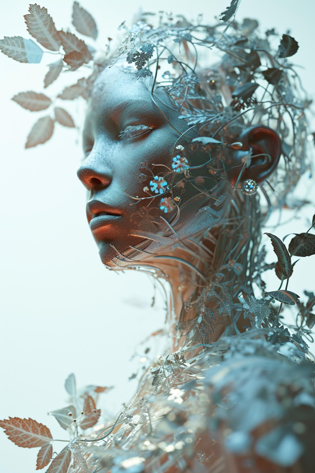 (((Double exposure:2.0))), nousr robot, complex 3D rendering with ultra-detail of beautiful angel, biomechanical cyborg, analog, 150mm lens, beautiful natural soft edge light, large leaves and stems, roots, fine lace of foliage, colorful details, samurai, Boris Bijan Saberi costume, pearl earring, piercing, Art Nouveau embroidery, intricate details, 4k wire, Mandelbrot fractal, anatomical, facial muscles, cable wires, microchip, bully, hyperrealistic, ultra-detailed, octane rendering, volumetric lighting, 8k post-production, red and white with a hint of dark, detailed metal bones, half-human, iridescent colors, Glenn Brown style, white room, god power, foreshortening, complex 4ks