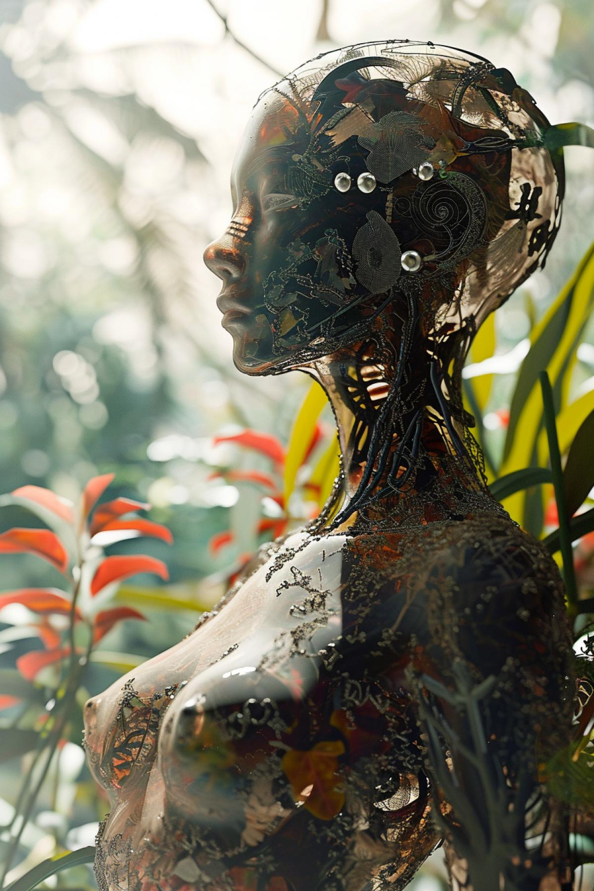 (((Double exposure:2.0))), nousr robot, complex 3D rendering with ultra-detail of beautiful angel, biomechanical cyborg, analog, 150mm lens, beautiful natural soft edge light, large leaves and stems, roots, fine lace of foliage, colorful details, samurai, Boris Bijan Saberi costume, pearl earring, piercing, Art Nouveau embroidery, intricate details, 4k wire, Mandelbrot fractal, anatomical, facial muscles, cable wires, microchip, bully, hyperrealistic, ultra-detailed, octane rendering, volumetric lighting, 8k post-production, red and white with a hint of dark, detailed metal bones, half-human, iridescent colors, Glenn Brown style, white room, god power, foreshortening, complex 4ks