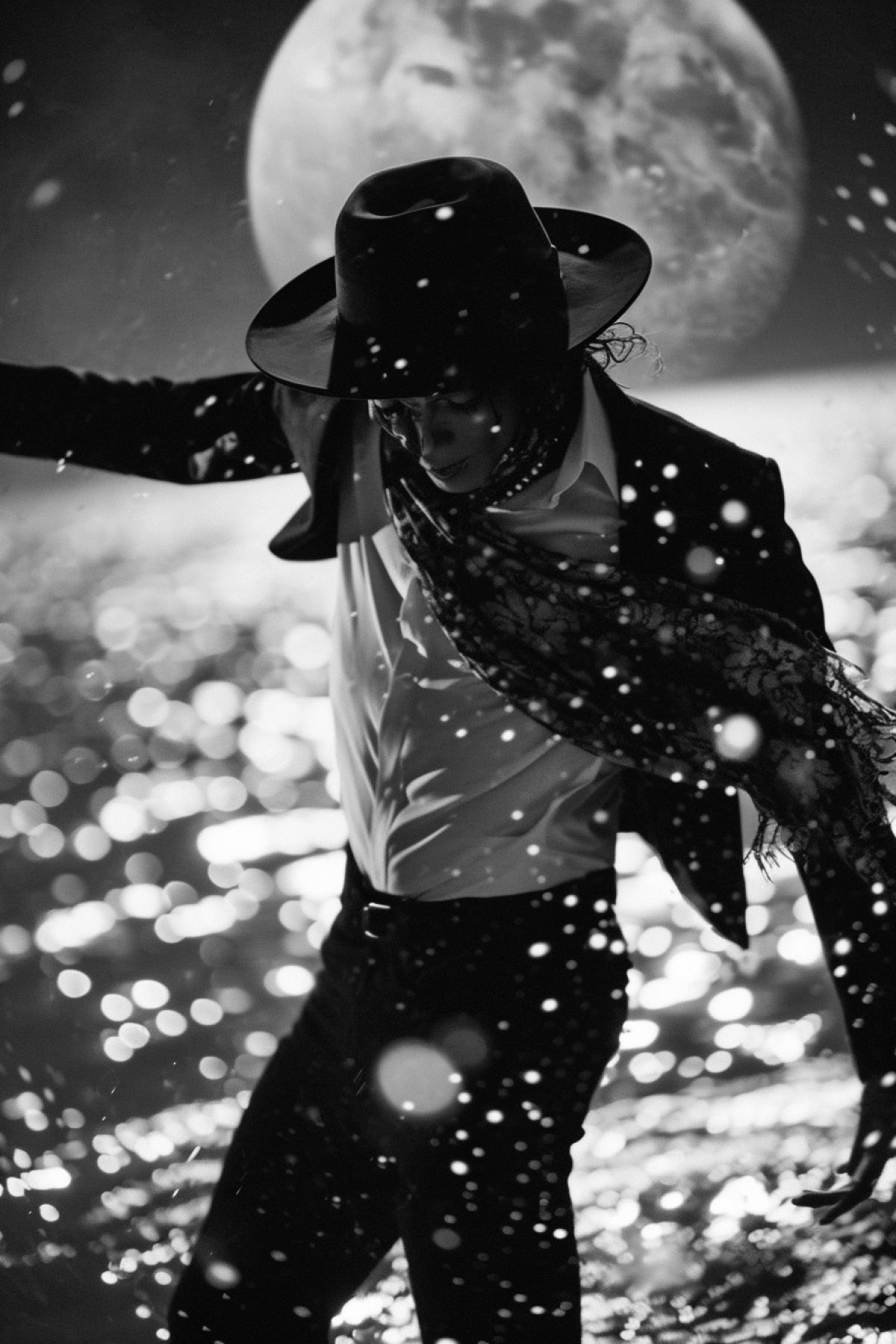 Double exposure Michael Jackson wearing hat and scarf dancing with moonscape big Earth globe low over horizon