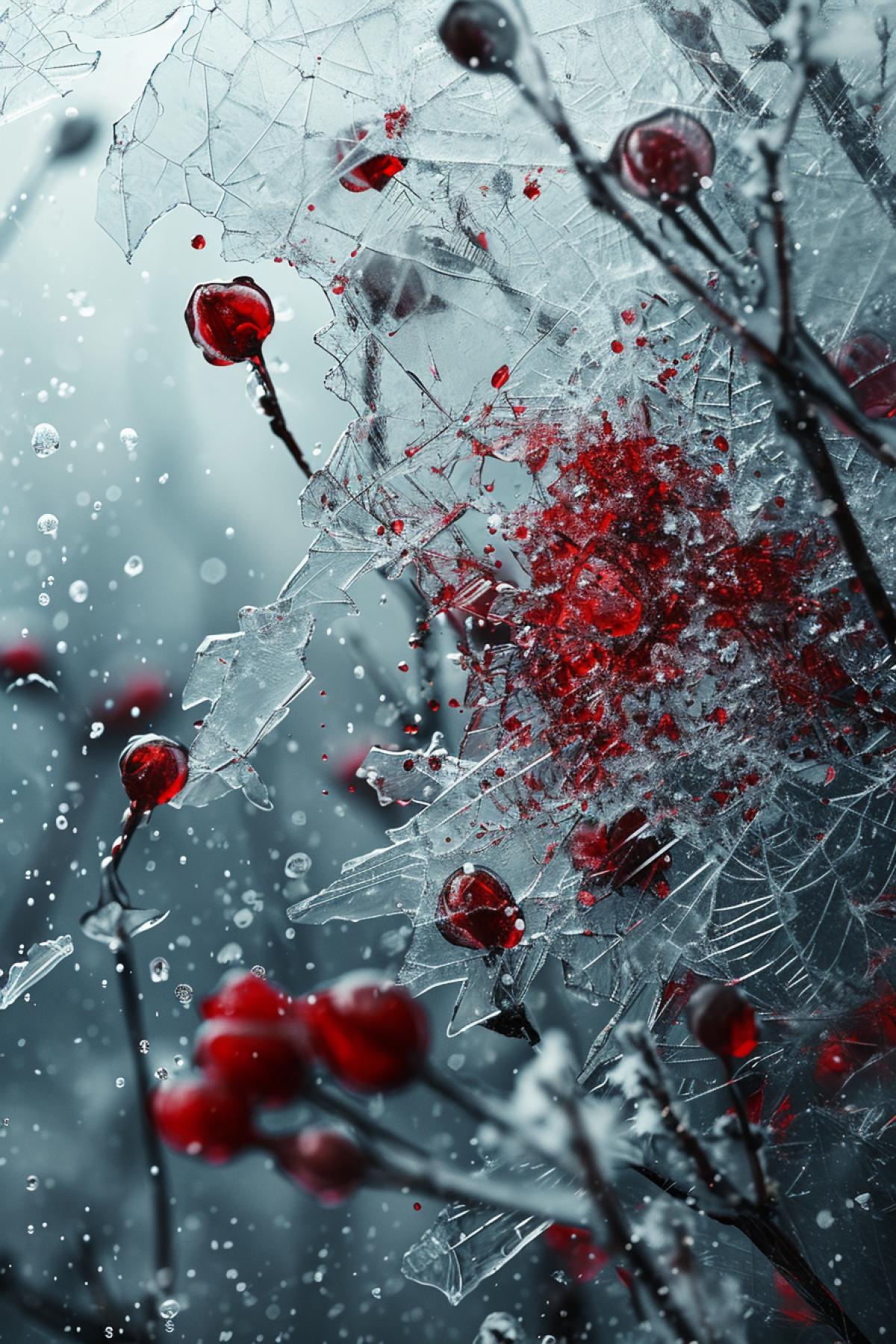 Create a dramatic, photorealistic, double exposure image featuring the following elements. The first layer should showcase shards of ice that possess a bone-chilling coldness, making them glisten as if they\"ve been frozen in time. The second layer should evoke a sense of urgency and unease with droplets of crimson red liquid scattered across. In between these elements, a delicate web weaves a story of intricate complexity that ties everything together. Finally, everything is blanketed by a scattering of delicate snowflakes that introduce an atmospheric touch. The overall image should depict a harmonious blend of the broken yet beautiful nature of winter.