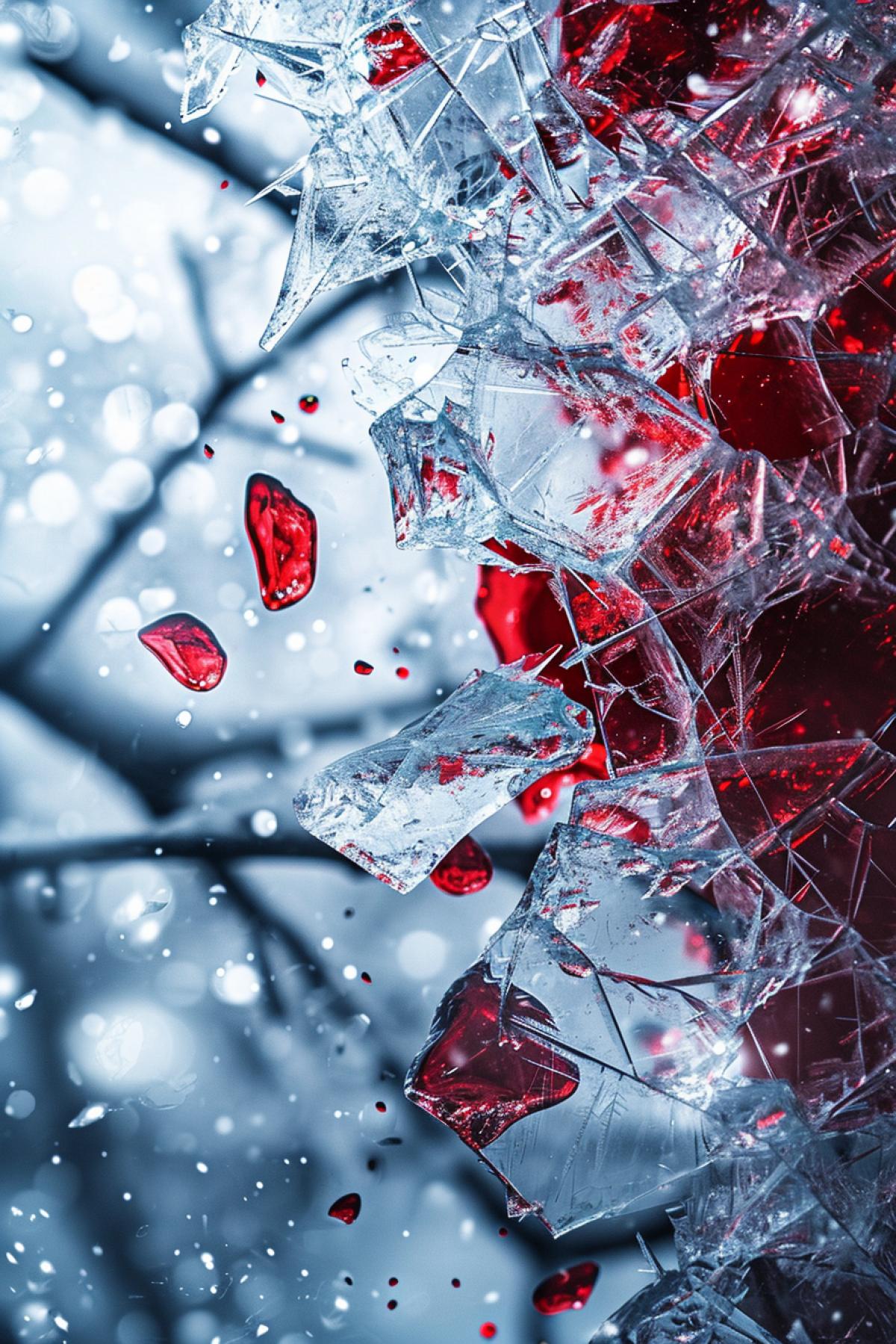 Create a dramatic, photorealistic, double exposure image featuring the following elements. The first layer should showcase shards of ice that possess a bone-chilling coldness, making them glisten as if they\"ve been frozen in time. The second layer should evoke a sense of urgency and unease with droplets of crimson red liquid scattered across. In between these elements, a delicate web weaves a story of intricate complexity that ties everything together. Finally, everything is blanketed by a scattering of delicate snowflakes that introduce an atmospheric touch. The overall image should depict a harmonious blend of the broken yet beautiful nature of winter.