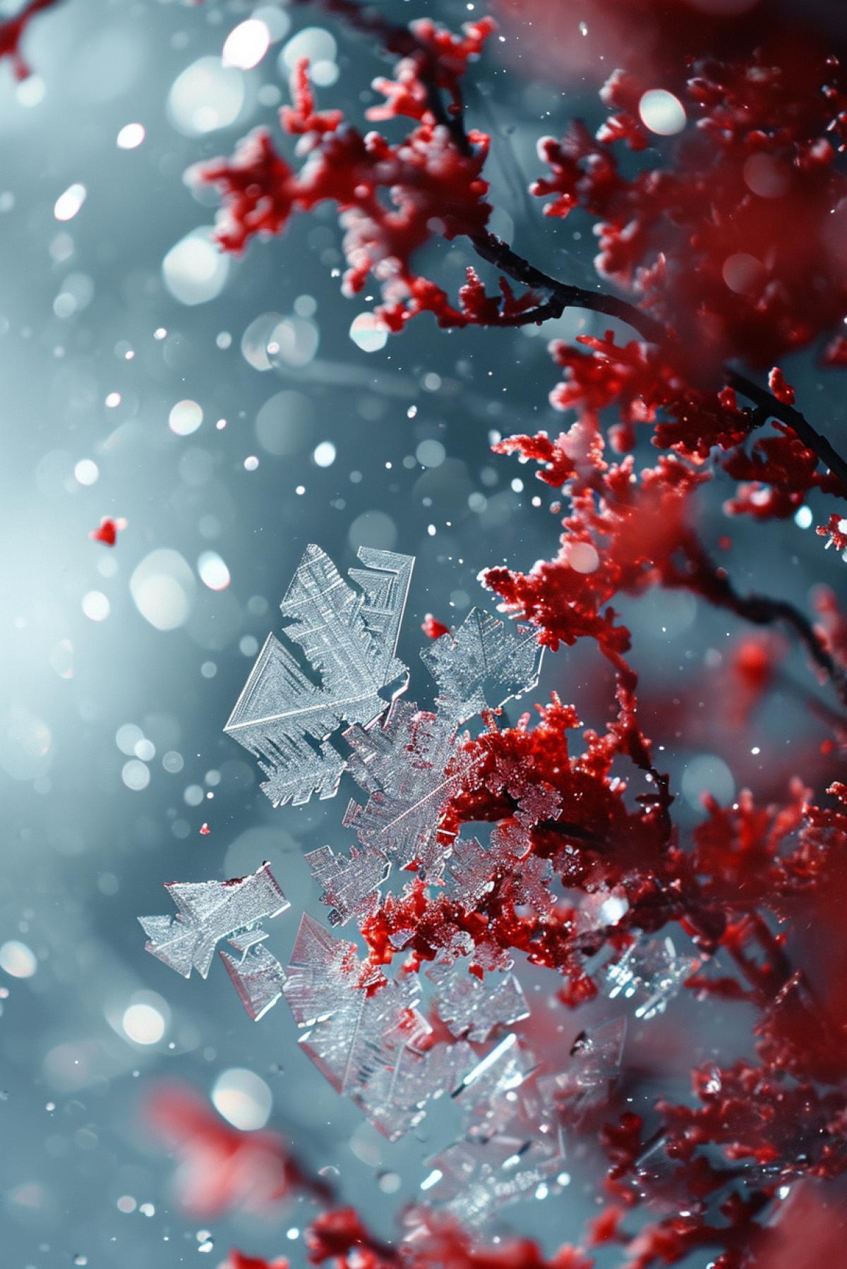 A detailed and photorealistic double exposure image. The first exposure should depict shards of ice that appear frozen and atmospheric. Intersperse this with the dramatic imagery of red liquid for an intense effect. The second exposure should illustrate intricate, beautiful snowflakes falling against the icy backdrop. The overall tone of the image should be both beautiful and dramatic.