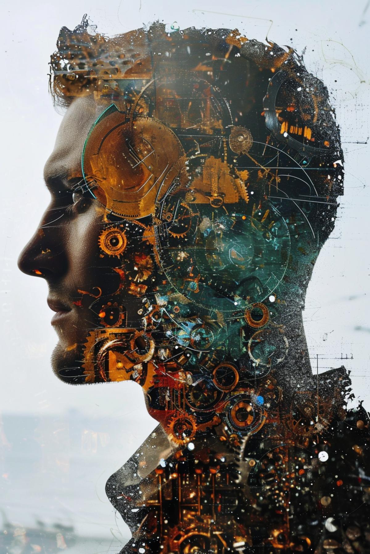 Double exposure Chameleon profile humanization steampunk double exposure, matrix inside