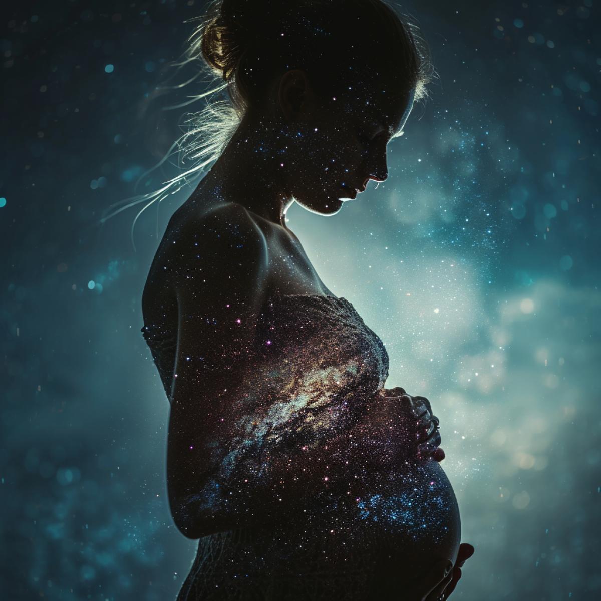 double exposure of a pregnant girl against the background of the starry sky with an embryo of an unborn child