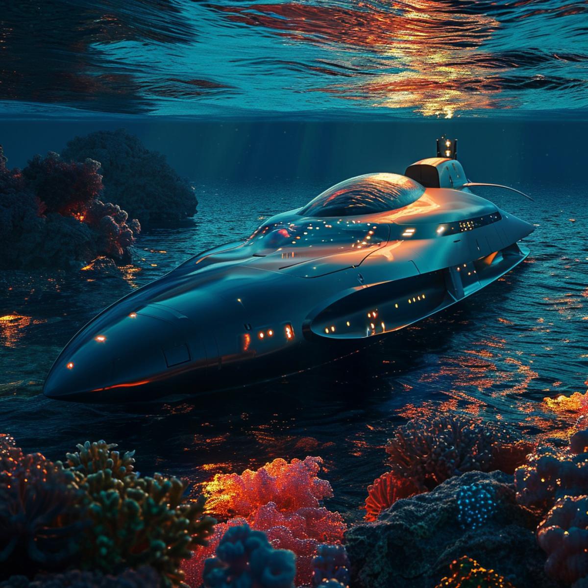 Sunset over a sleek, futuristic submarine, navigating through luminescent coral reefs. The iridescent glow of bioluminescent sea life illuminates the dark ocean depths, casting mesmerizing reflections on the submarine\"s metallic surface.
