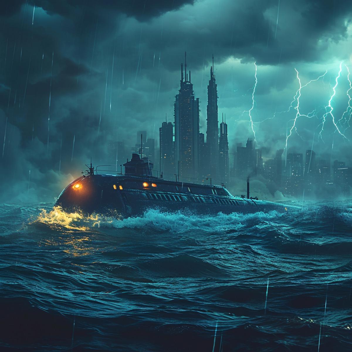 Amidst a stormy sea, a vintage submarine emerges, luxury a hidden underwater city with towering, glowing skyscrapers. Dark clouds loom overhead, lightning strikes, and the churning waves create a dramatic backdrop for this subaquatic metropolis.