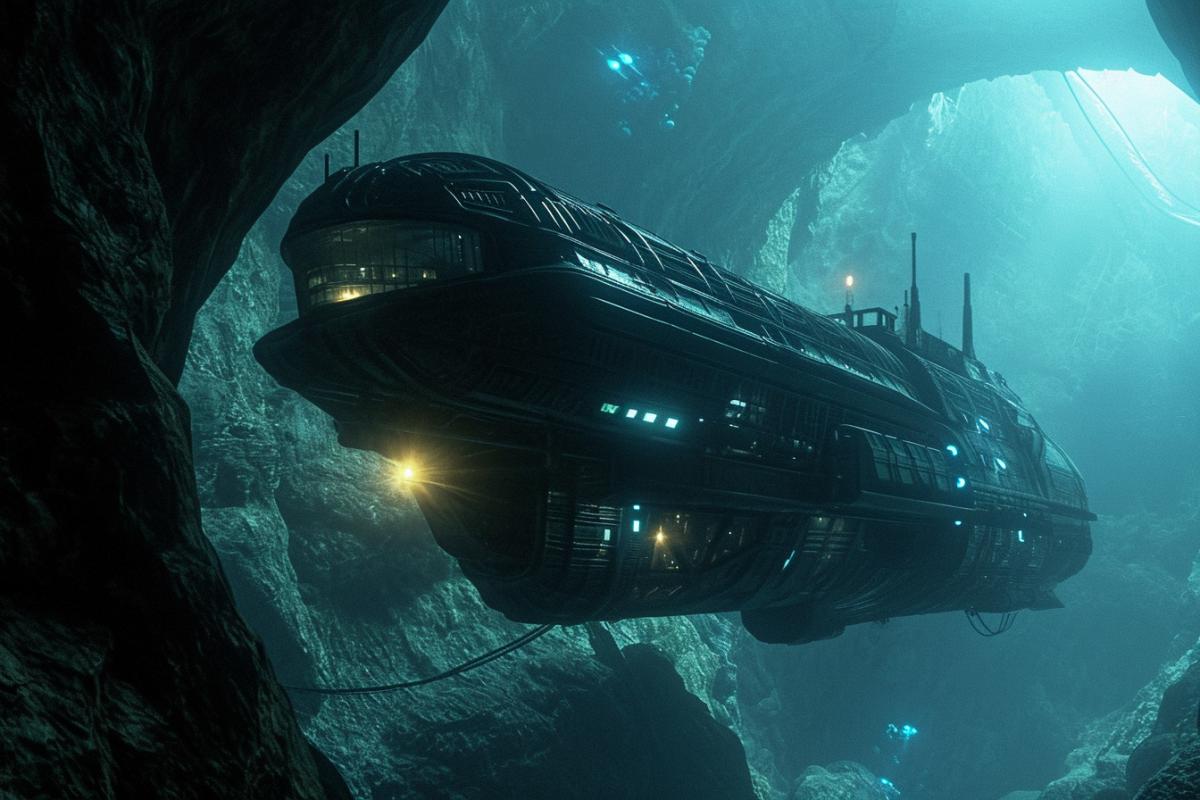 Inside a colossal cavern, a high-tech stealth submarine emerges from the shadows. Gleaming with matte dark armor, its sleek design reflects an eerie, bluish glow from bioluminescent organisms. The subtle hum of advanced machinery adds an air of silent, technological sophistication.