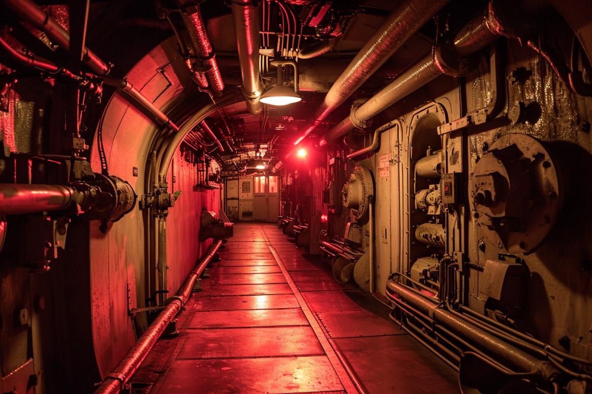 Amidst the mechanical labyrinth of an old-school submarine, crew members navigate corridors filled with the hum of machinery. Dim red emergency lights cast a mysterious ambiance, and the metallic echoes of footsteps create a sense of urgency as the crew carries out their duties in the confined, utilitarian space.