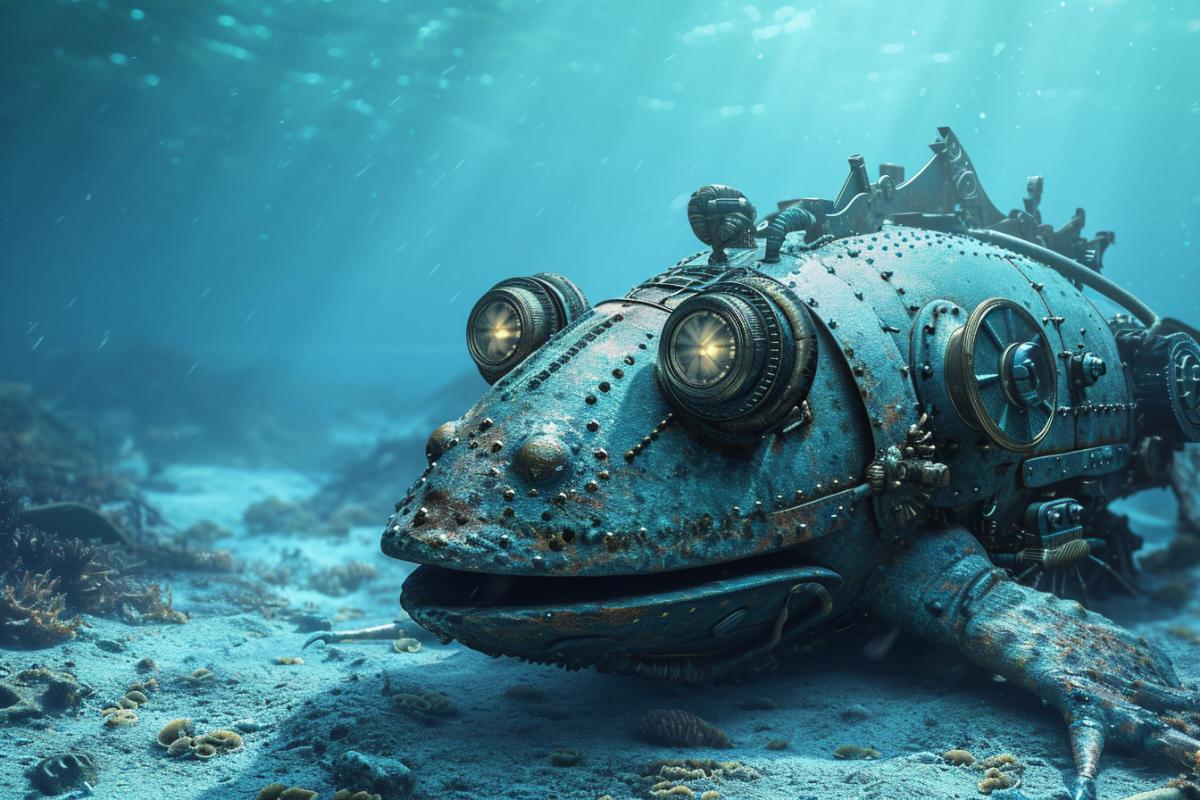 Submarine in the form of a lizard steampunk faberge double exposure inside the seabed with the sea in the background